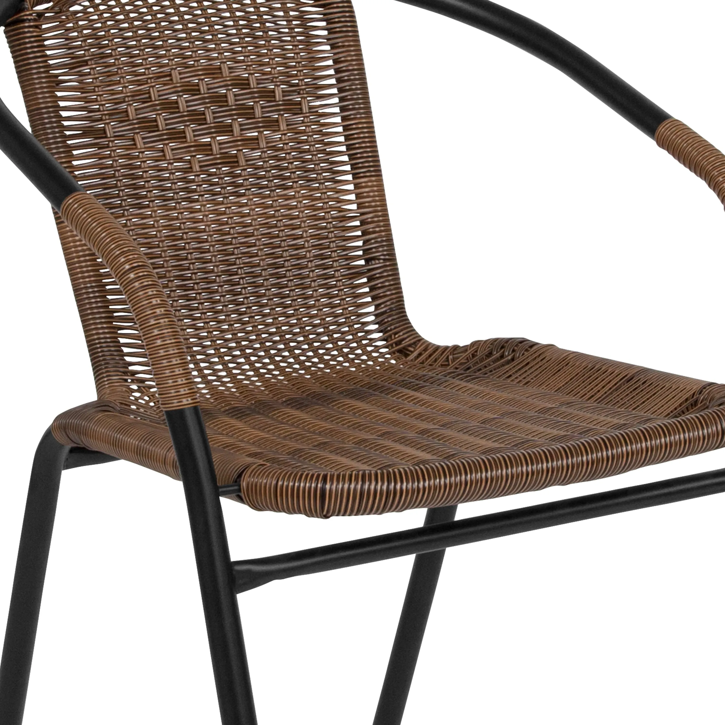 28 Inches Round Glass Metal Table with Rattan Edging and 2 Rattan Stack Chairs