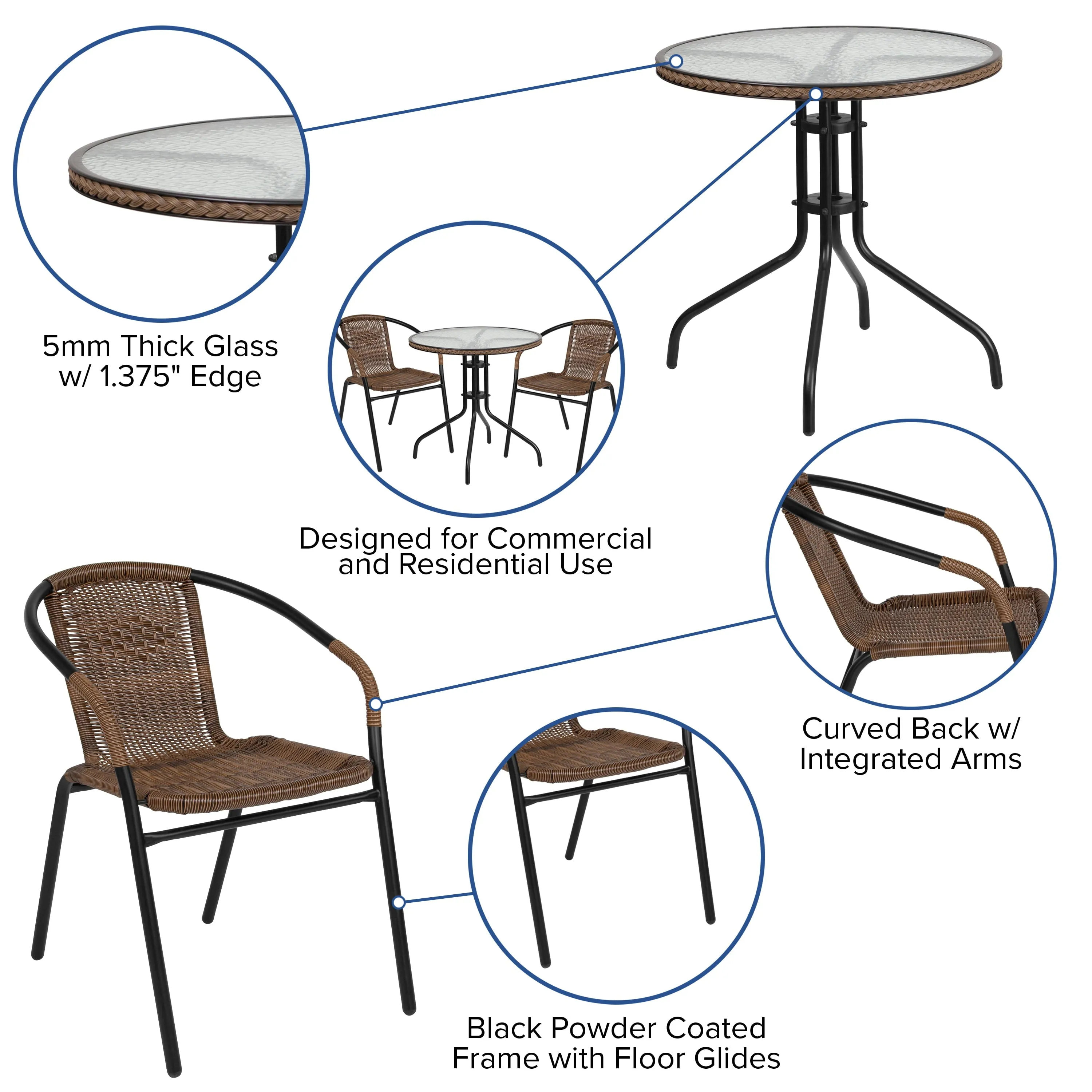 28 Inches Round Glass Metal Table with Rattan Edging and 2 Rattan Stack Chairs