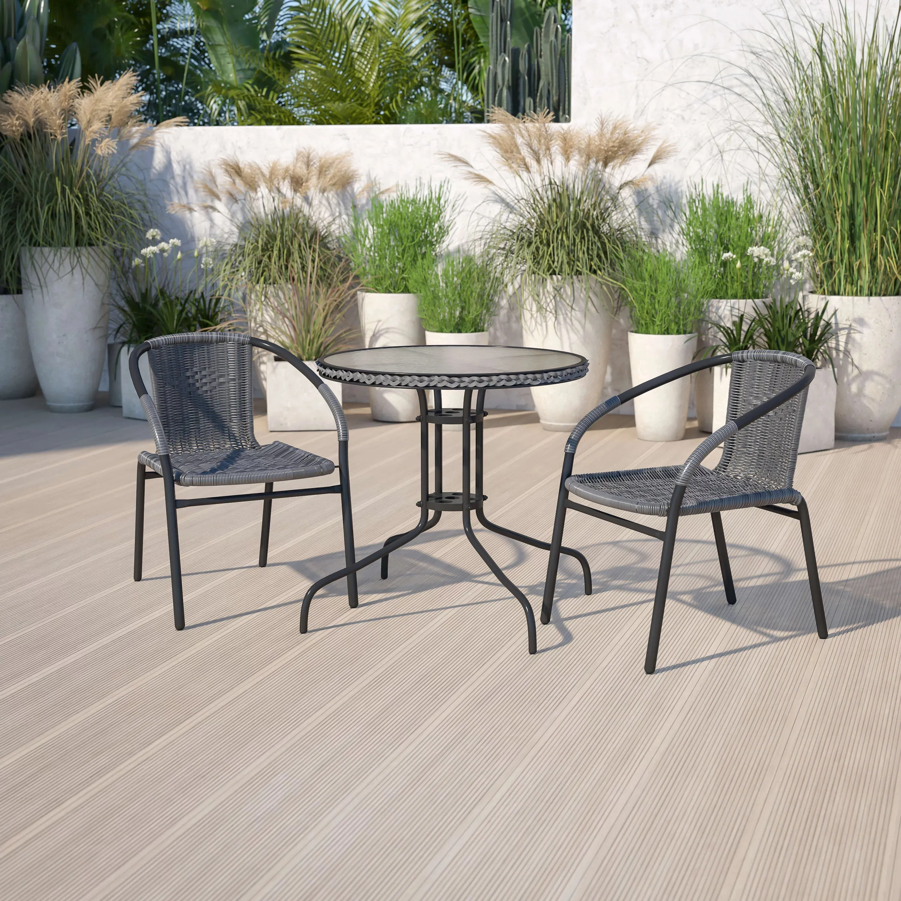 28 Inches Round Glass Metal Table with Rattan Edging and 2 Rattan Stack Chairs