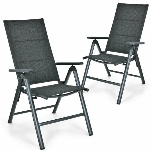 2PCS Patio Folding Dining Chairs Aluminum Padded Adjustable Back-Gray