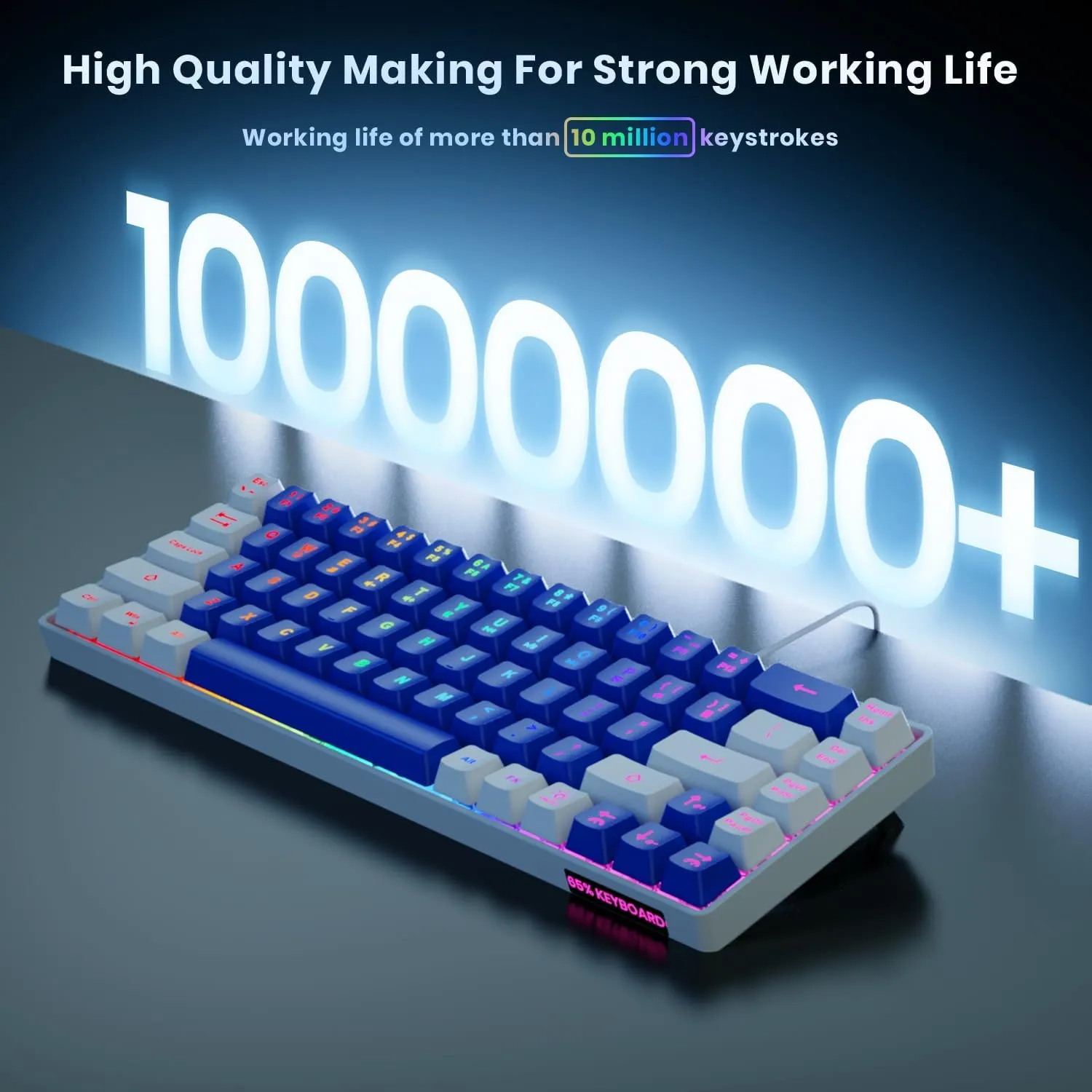 65% Gaming Keyboard, LED Backlit Mini Wired Keyboard, Ultra-Compact Anti-Ghosting No-Conflict 68 Keys Membrane Gaming Wired Keyboard for PC Laptop Windows Gamer(Blue-White)