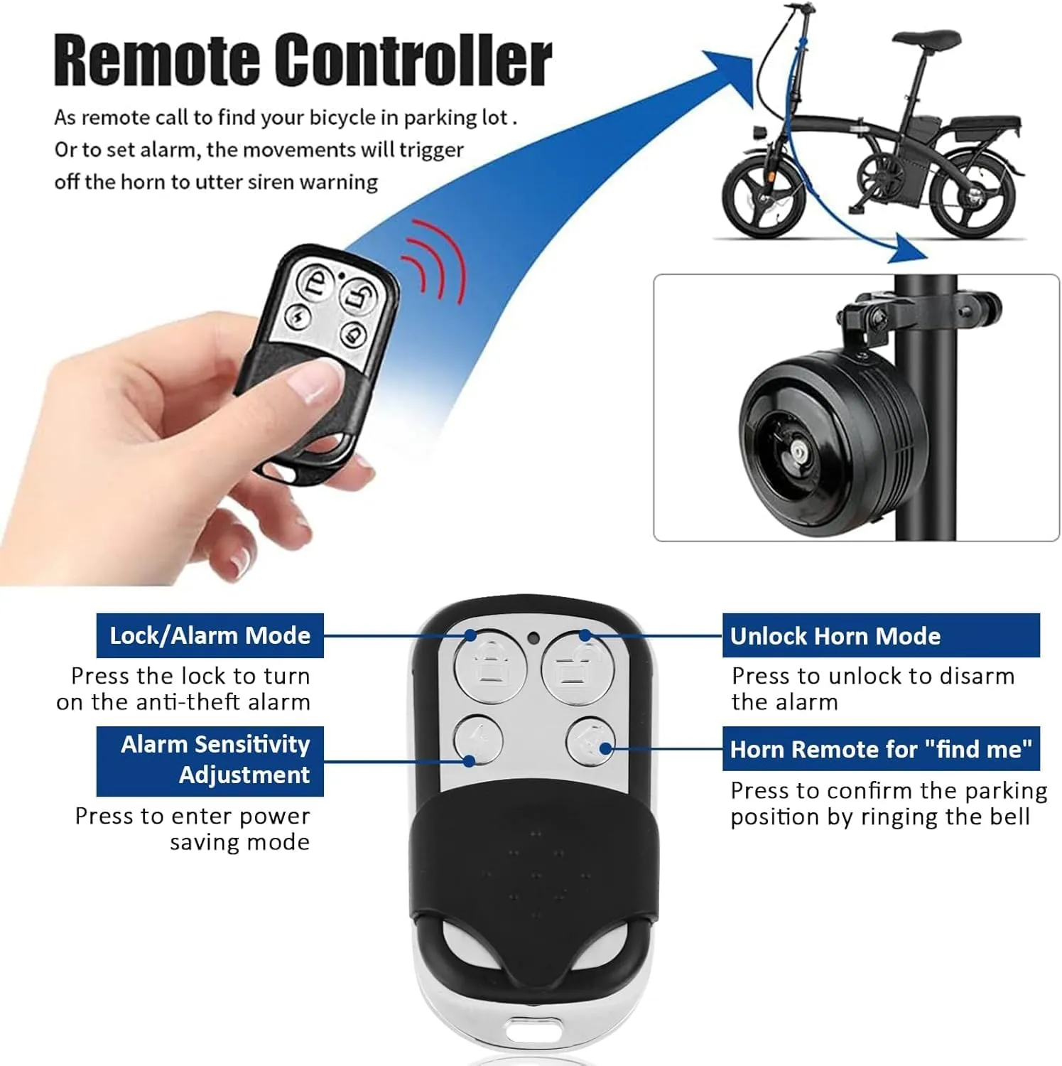 Bike Bell Alarm Horn with Remote, USB Rechargeable, Waterproof, Anti-Theft Vibration Alarm for Bikes, Scooters
