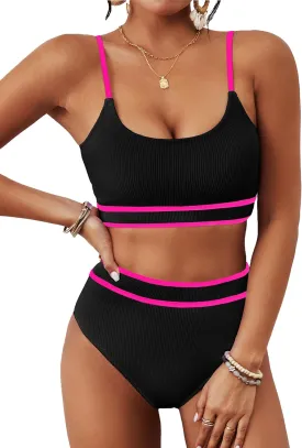 BMJL Women's High Waisted Bikini Ribbed Two Piece Swimsuit High Cut Color Block Adjustable Straps Bathing Suit