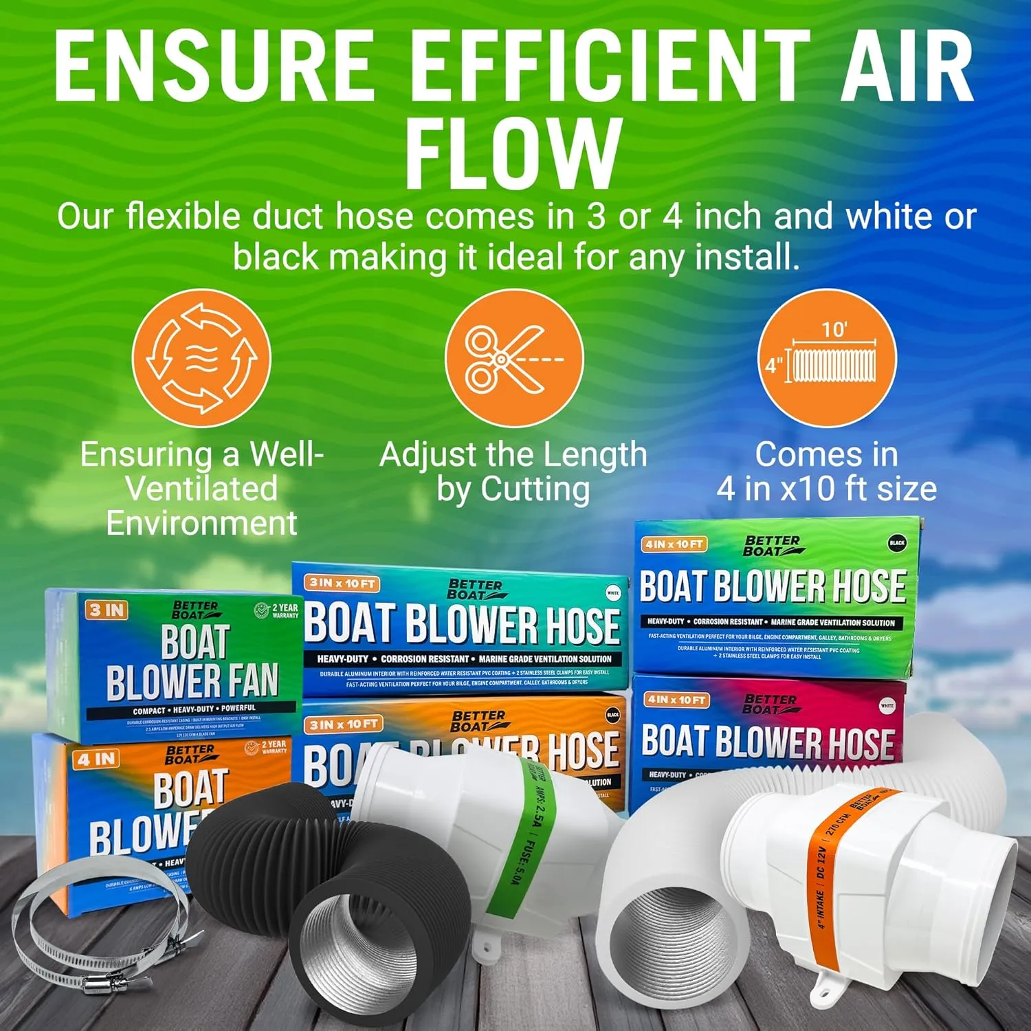 Boat Blower Hose, 4 Inch Marine Exhaust Hose, 10 Ft Flexible PVC Duct for Bilge, Engine Compartment, Galley, Head, or Dryer Vent, Black