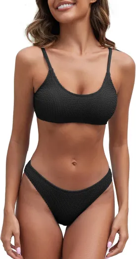 Fanuerg Women's Ribbed Bikini Sets Scoop Neck Cheeky Swimsuit Textured Two Piece Bathing Suit