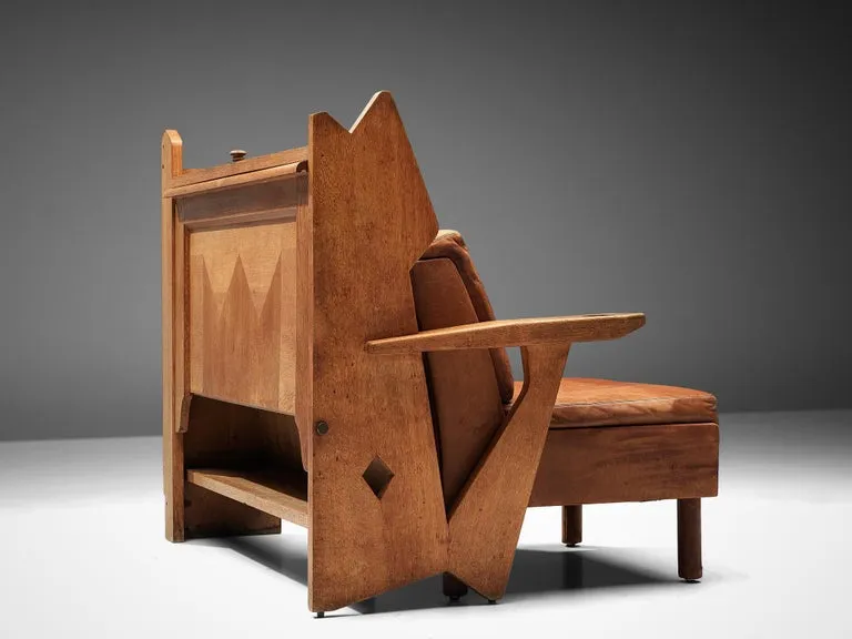 Guillerme & Chambron Lounge Chair with Storage in Oak and Leather