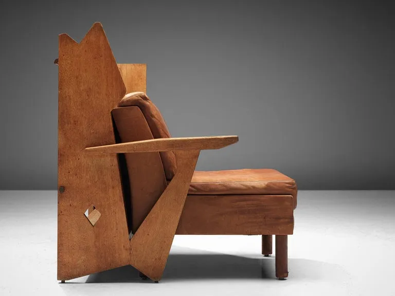 Guillerme & Chambron Lounge Chair with Storage in Oak and Leather