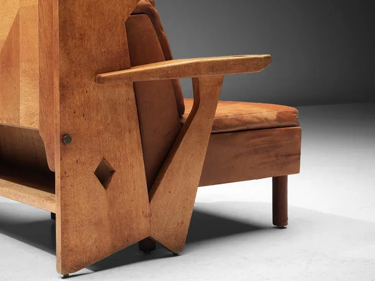 Guillerme & Chambron Lounge Chair with Storage in Oak and Leather