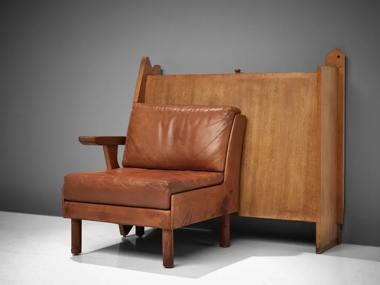 Guillerme & Chambron Lounge Chair with Storage in Oak and Leather
