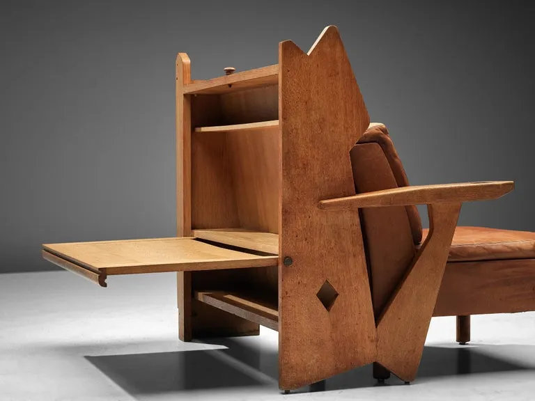 Guillerme & Chambron Lounge Chair with Storage in Oak and Leather