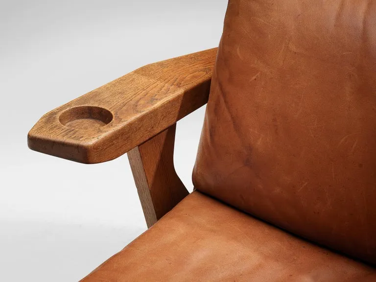 Guillerme & Chambron Lounge Chair with Storage in Oak and Leather