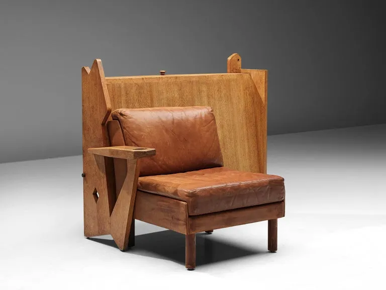 Guillerme & Chambron Lounge Chair with Storage in Oak and Leather