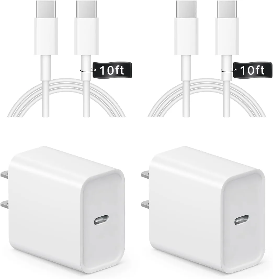 iPhone 16 15 Charger Fast Charging 10Ft - 2 Pack 20W USB C Wall Charger Block and Type C to C Cable Compatible with iPhone 16/16 Pro/16 Pro Max/iPhone 15, iPad Pro, Air 5/4, iPad 10/Mini 6
