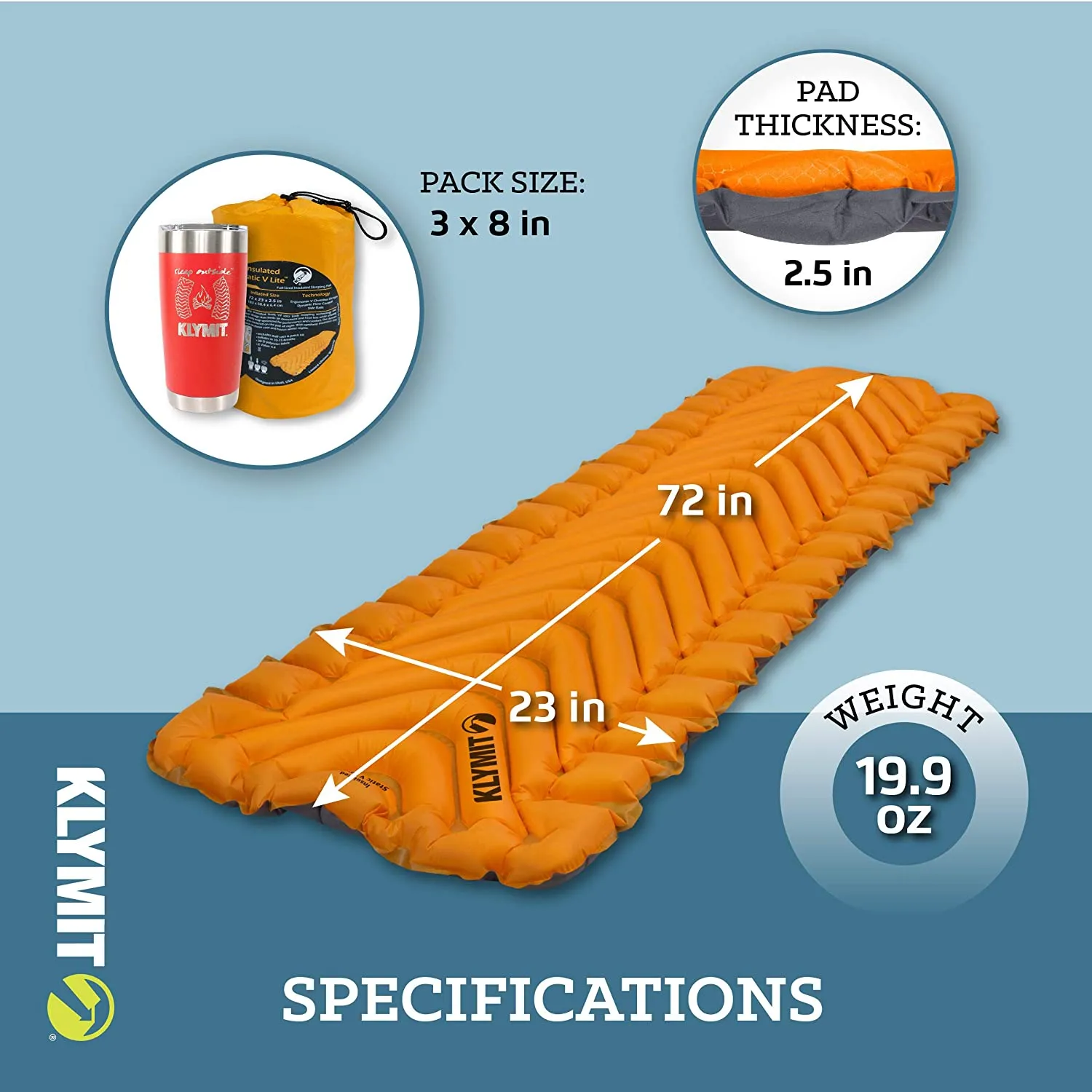 Klymit Insulated Static V Lite Sleeping Pad, Mango Orange