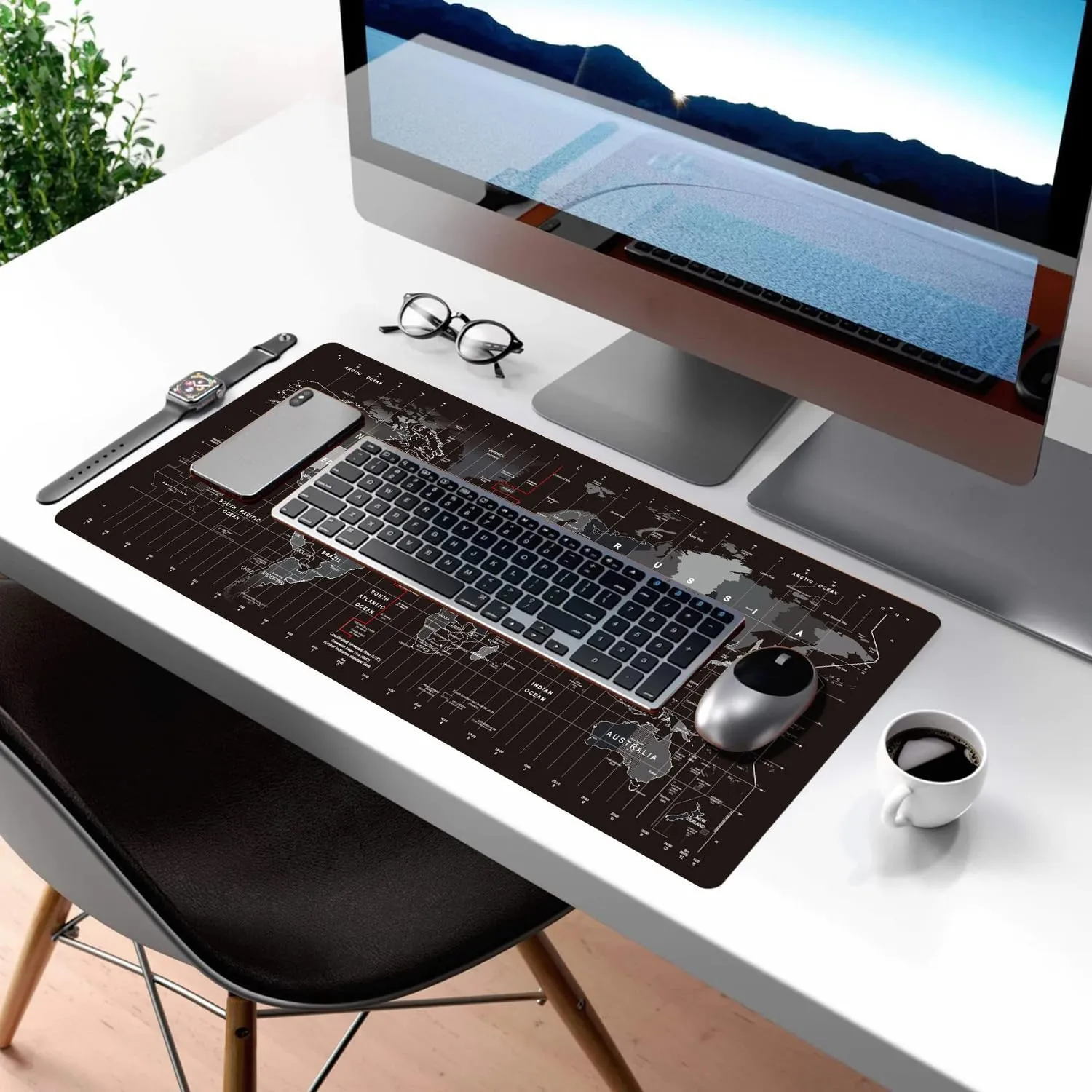 Large Keyboard Gaming Mouse Pad Black World Map Mouse Pad with Anti-Slip Rubber Base, Extended XXL Long Gaming Mousepad Big Mouse Pads for Desk,31.5 X 11.8 Inch