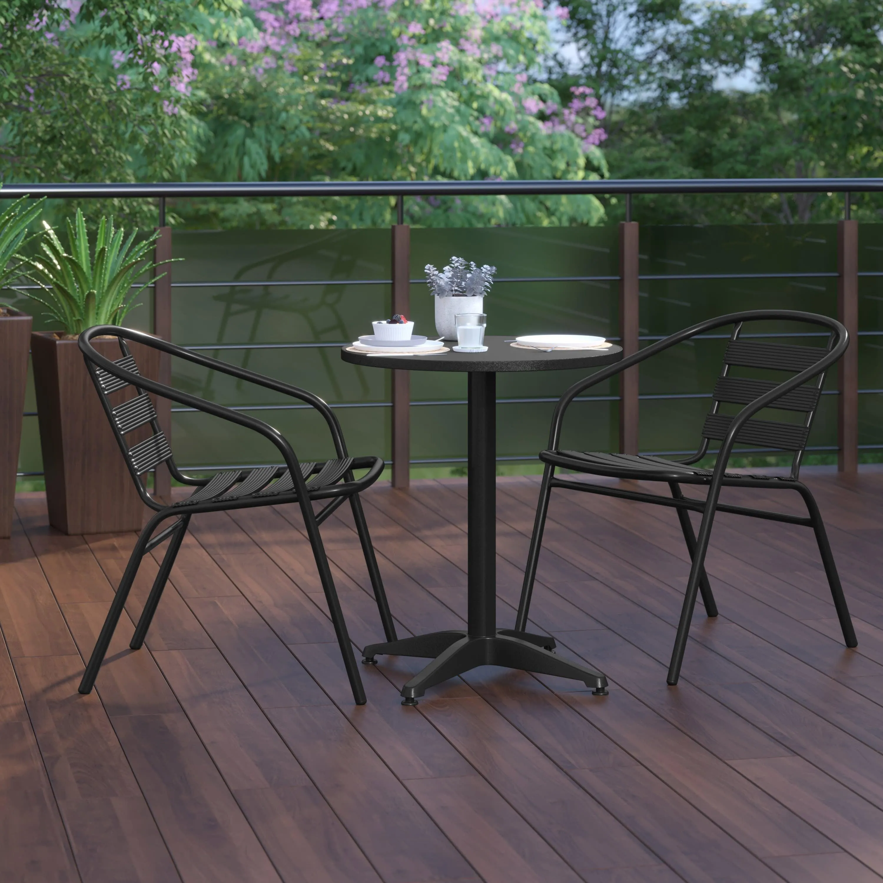 Lila 23.5'' Round Aluminum Indoor-Outdoor Table Set with 2 Slat Back Chairs