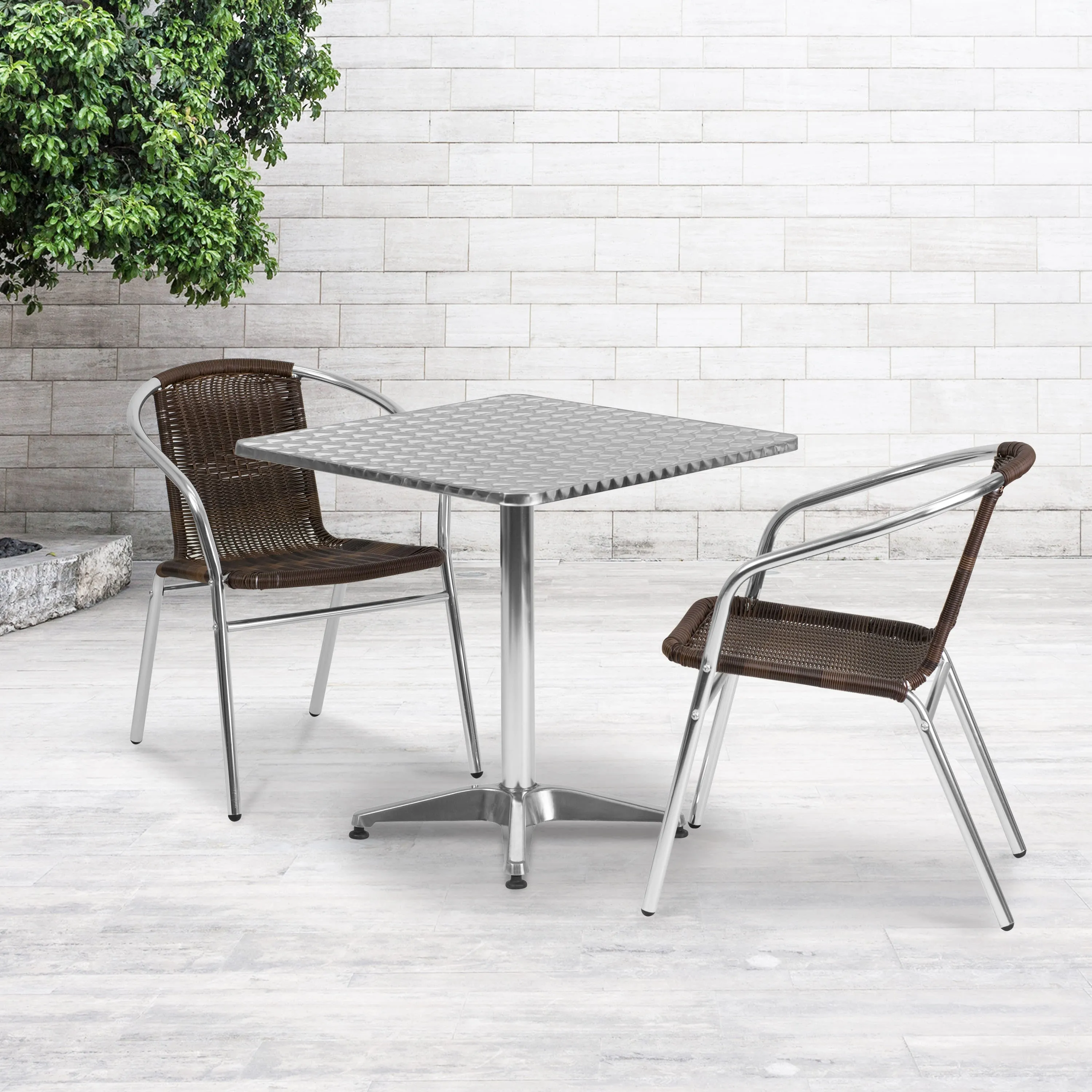 Lila 27.5'' Square Aluminum Indoor-Outdoor Table Set with 2 Rattan Chairs