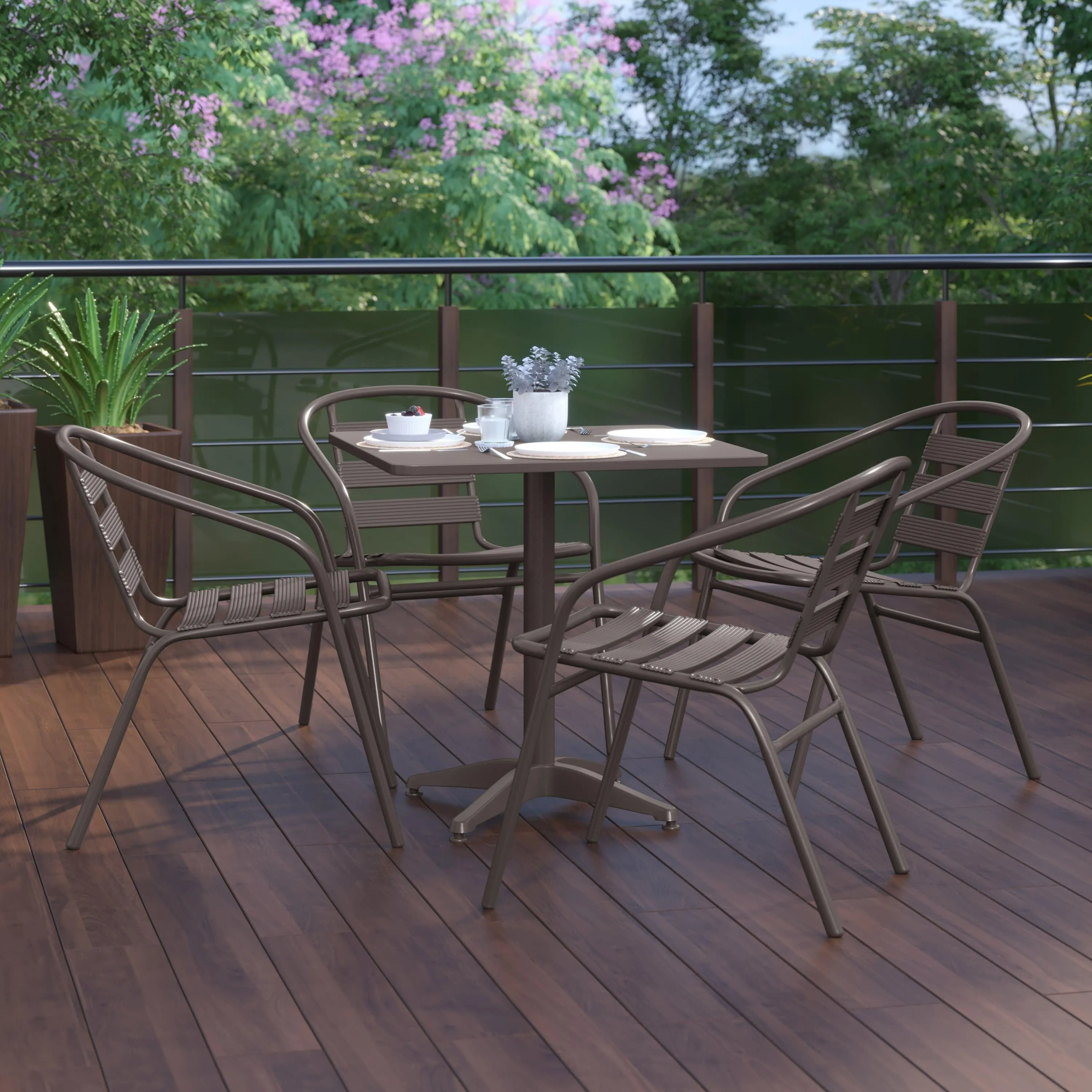 Lila 27.5'' Square Aluminum Indoor-Outdoor Table Set with 4 Slat Back Chairs