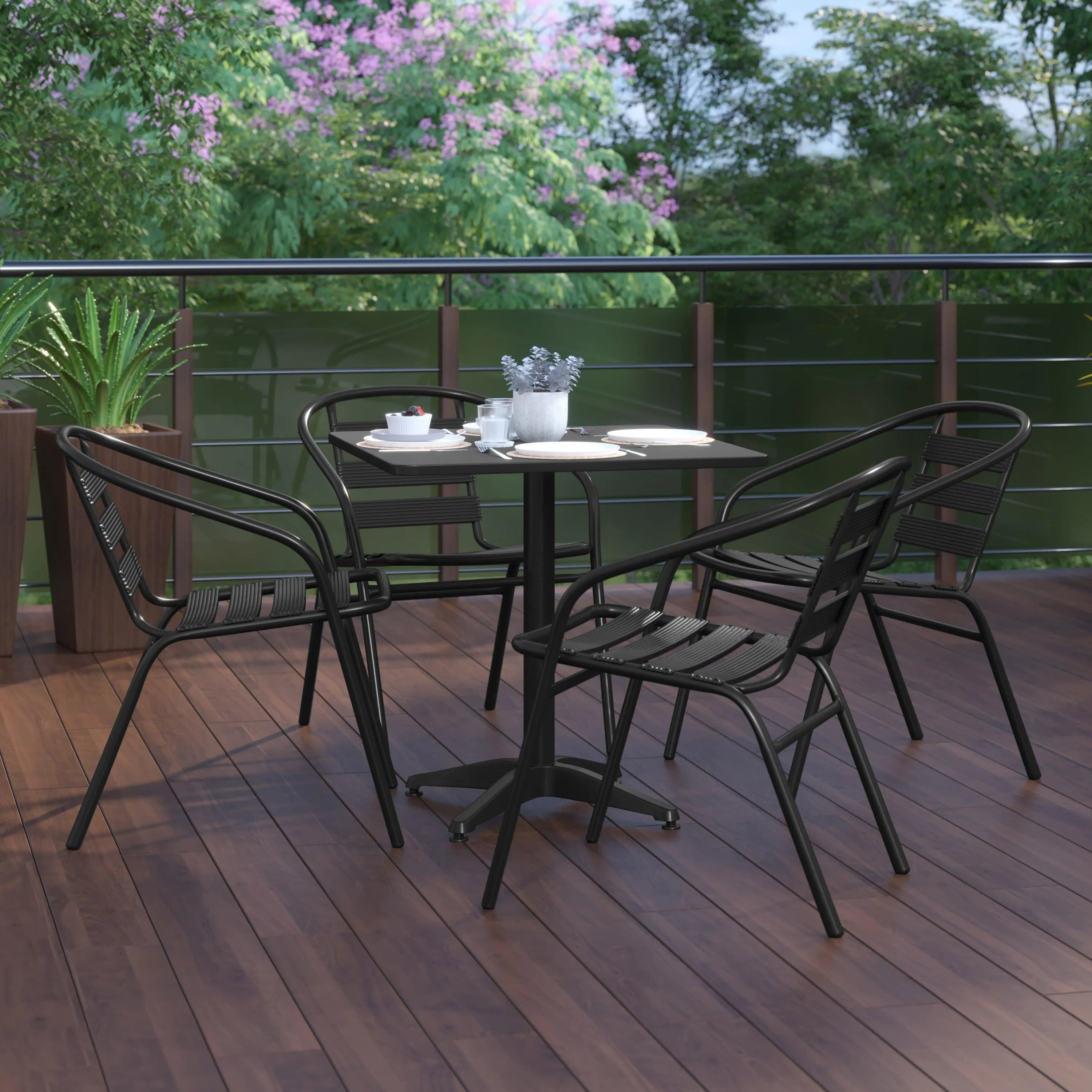 Lila 27.5'' Square Aluminum Indoor-Outdoor Table Set with 4 Slat Back Chairs
