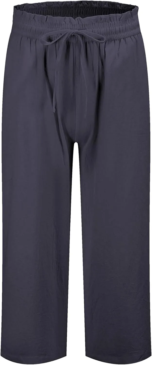 LNX Womens Linen Pants High Waisted Wide Leg Drawstring Casual Loose Trousers with Pockets