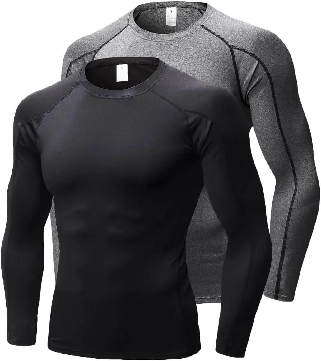 Men's Compression Shirts Long Sleeve Workout Baselayer Quick Dry Athletic T Shirts Sport Running Tops 1/2 Pack