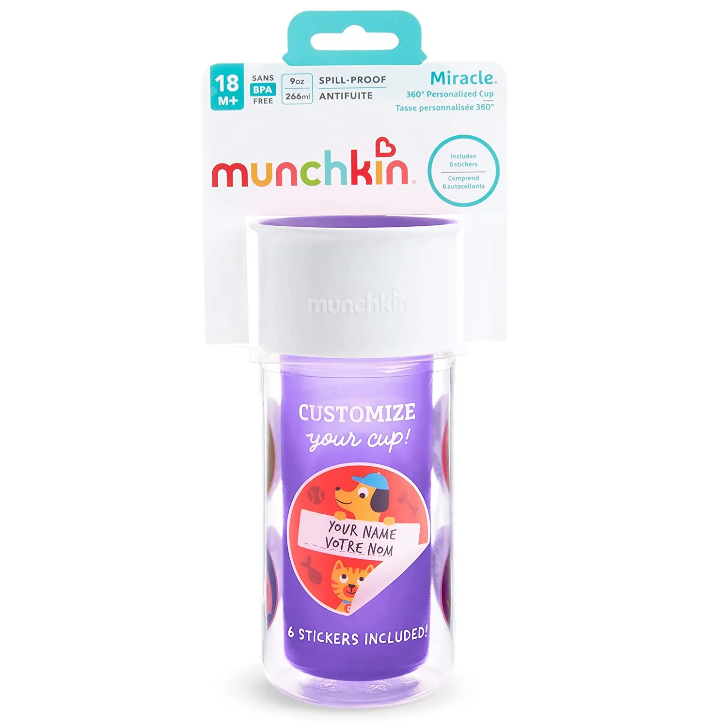 Munchkin Miracle 360 Insulated Sippy Cup, Includes Stickers to Customize Cup, 9 Ounce, Purple