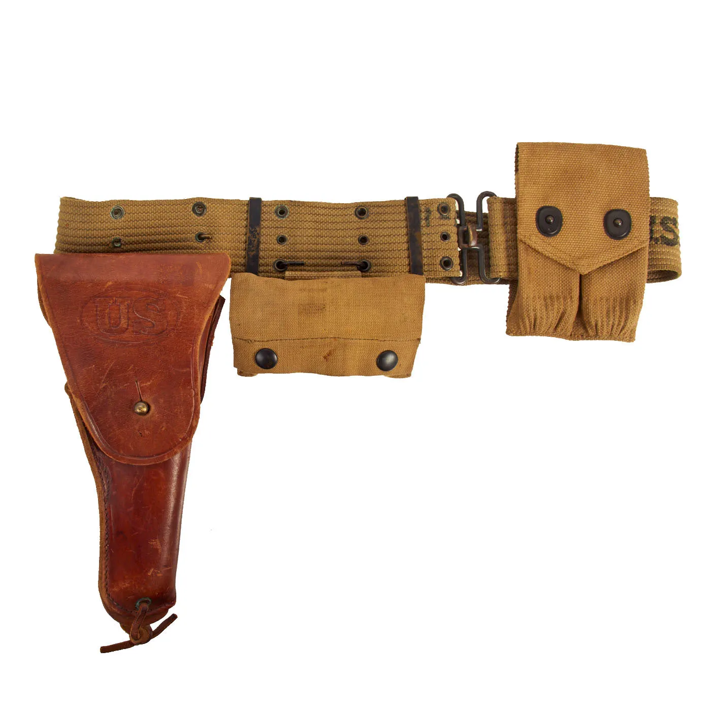 Original U.S. Early WWII Officer’s M1936 Pistol Belt, M1911 Holster, WWI Magazine Pouch & 1942 Dated M-1910 First Aid Pouch with Carlisle Bandage