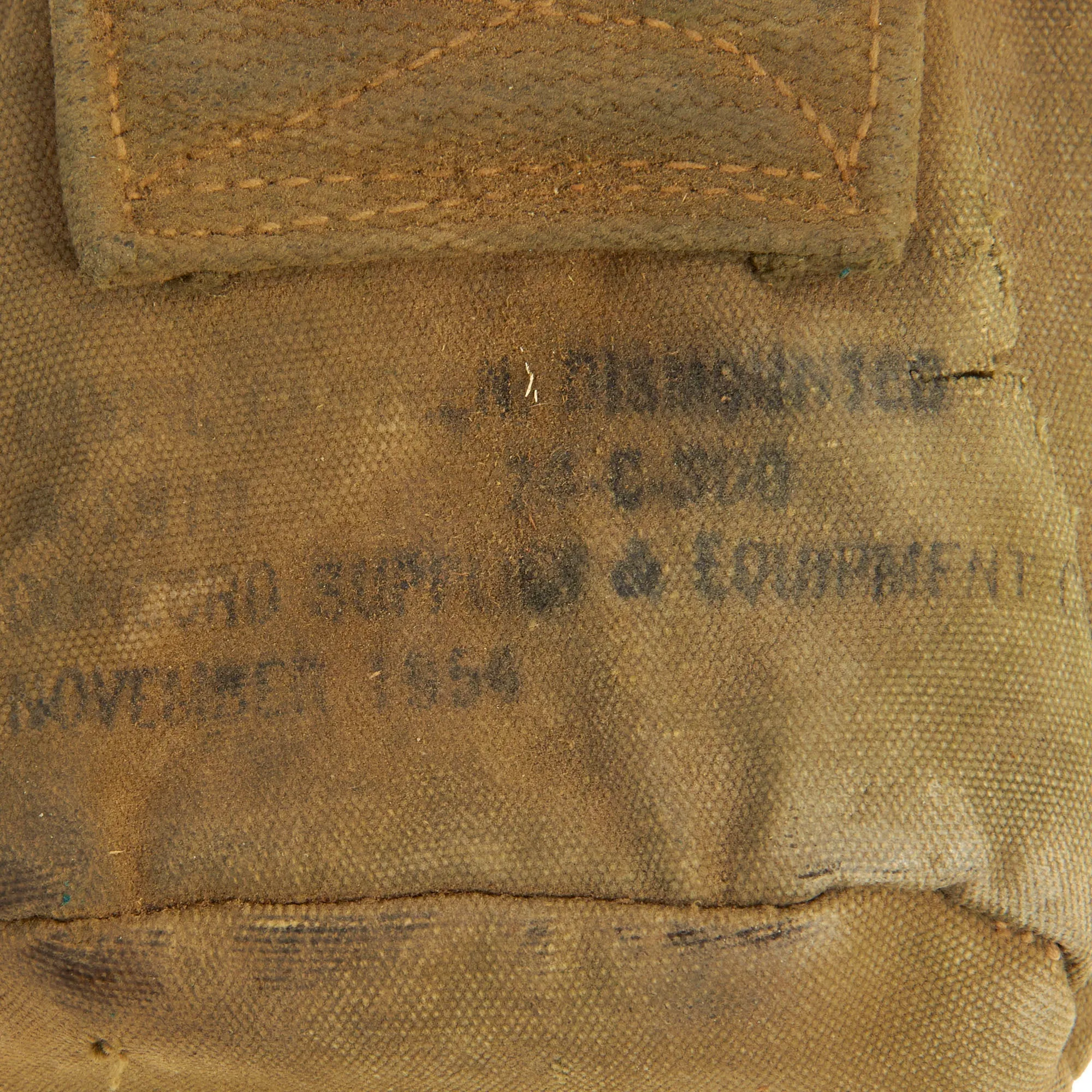 Original U.S. WWI and WWII M-1923 Cartridge Belt Rig With Canteen Lot Featuring WWI M1909 Revolver Holster, M1916 Holster and Named / Painted Sea Bag - 5 Items