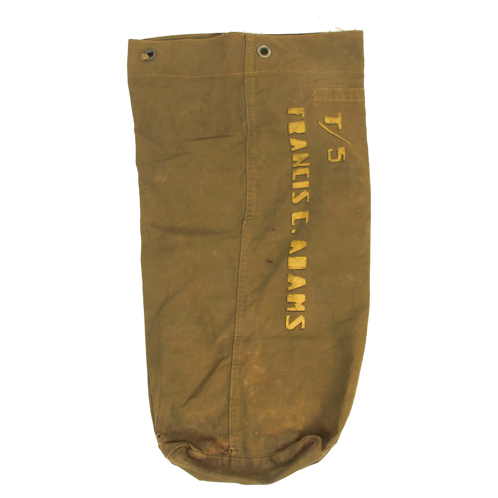 Original U.S. WWI and WWII M-1923 Cartridge Belt Rig With Canteen Lot Featuring WWI M1909 Revolver Holster, M1916 Holster and Named / Painted Sea Bag - 5 Items