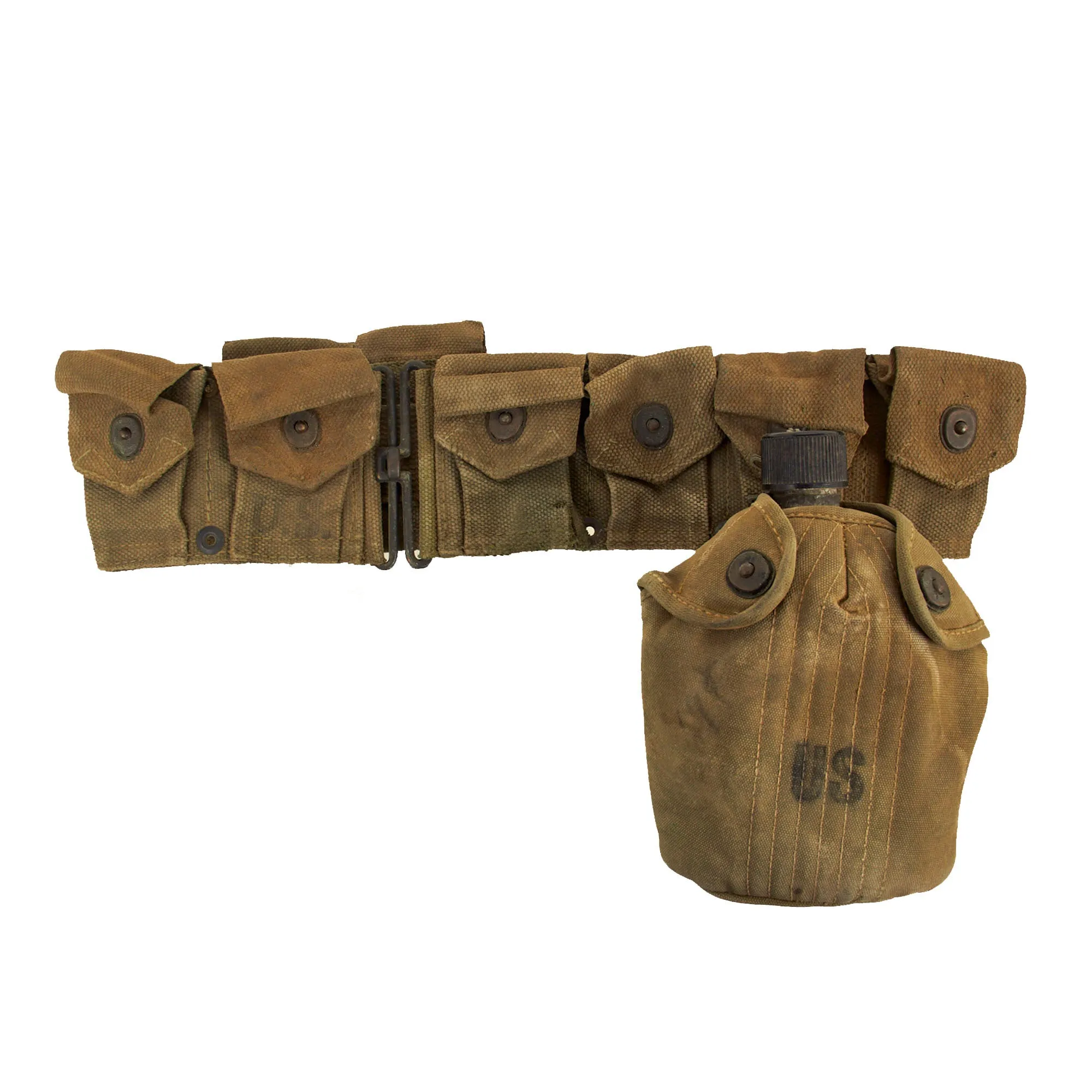 Original U.S. WWI and WWII M-1923 Cartridge Belt Rig With Canteen Lot Featuring WWI M1909 Revolver Holster, M1916 Holster and Named / Painted Sea Bag - 5 Items