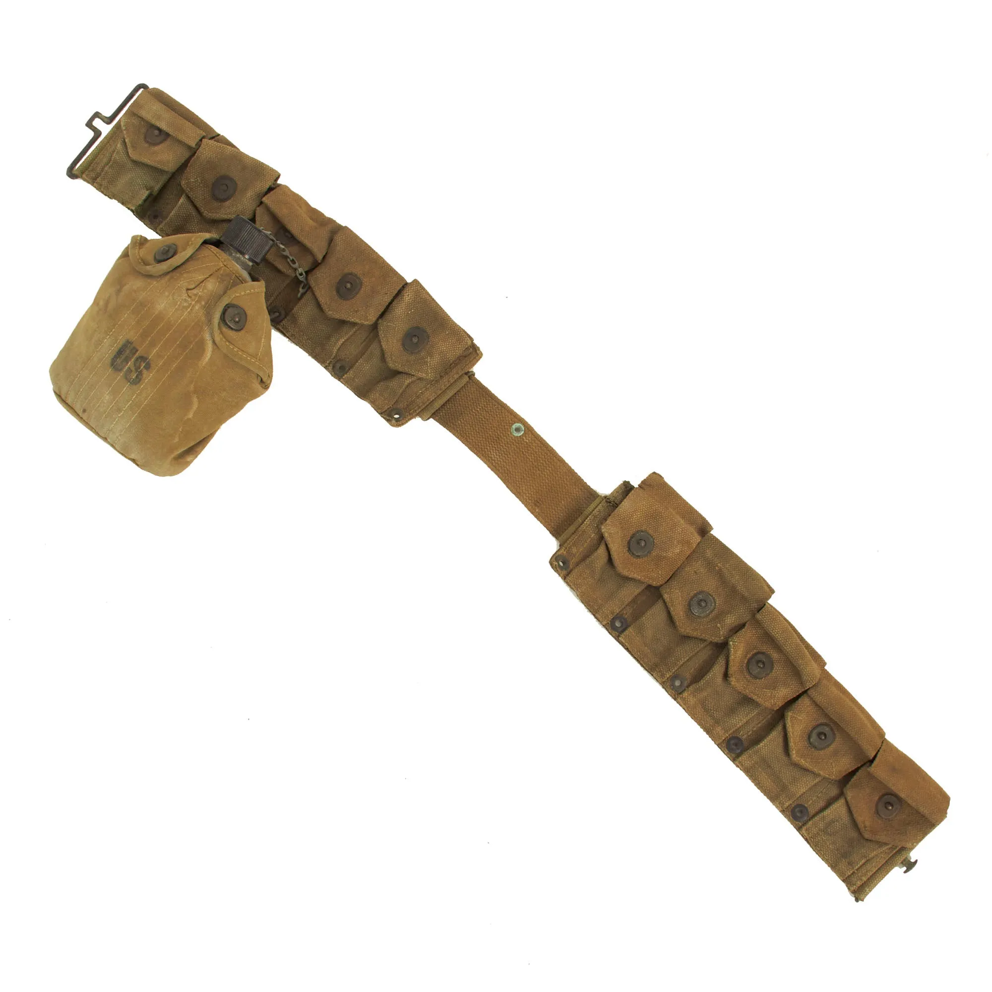 Original U.S. WWI and WWII M-1923 Cartridge Belt Rig With Canteen Lot Featuring WWI M1909 Revolver Holster, M1916 Holster and Named / Painted Sea Bag - 5 Items
