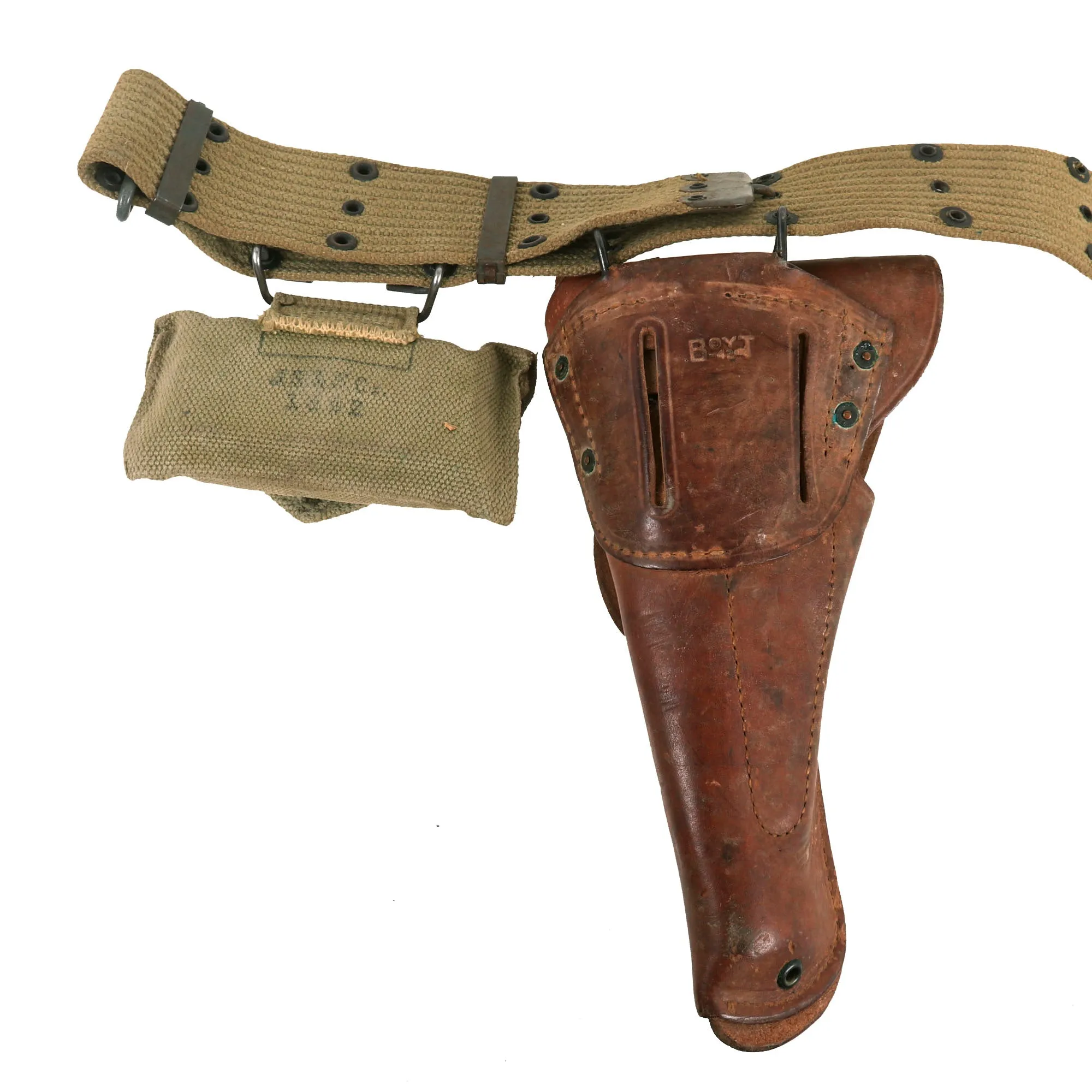 Original U.S. WWII Officer M1936 Pistol Belt, M1911 Holster by Boyt - 1942 Dated First Aid Pouch with Carlisle Bandage