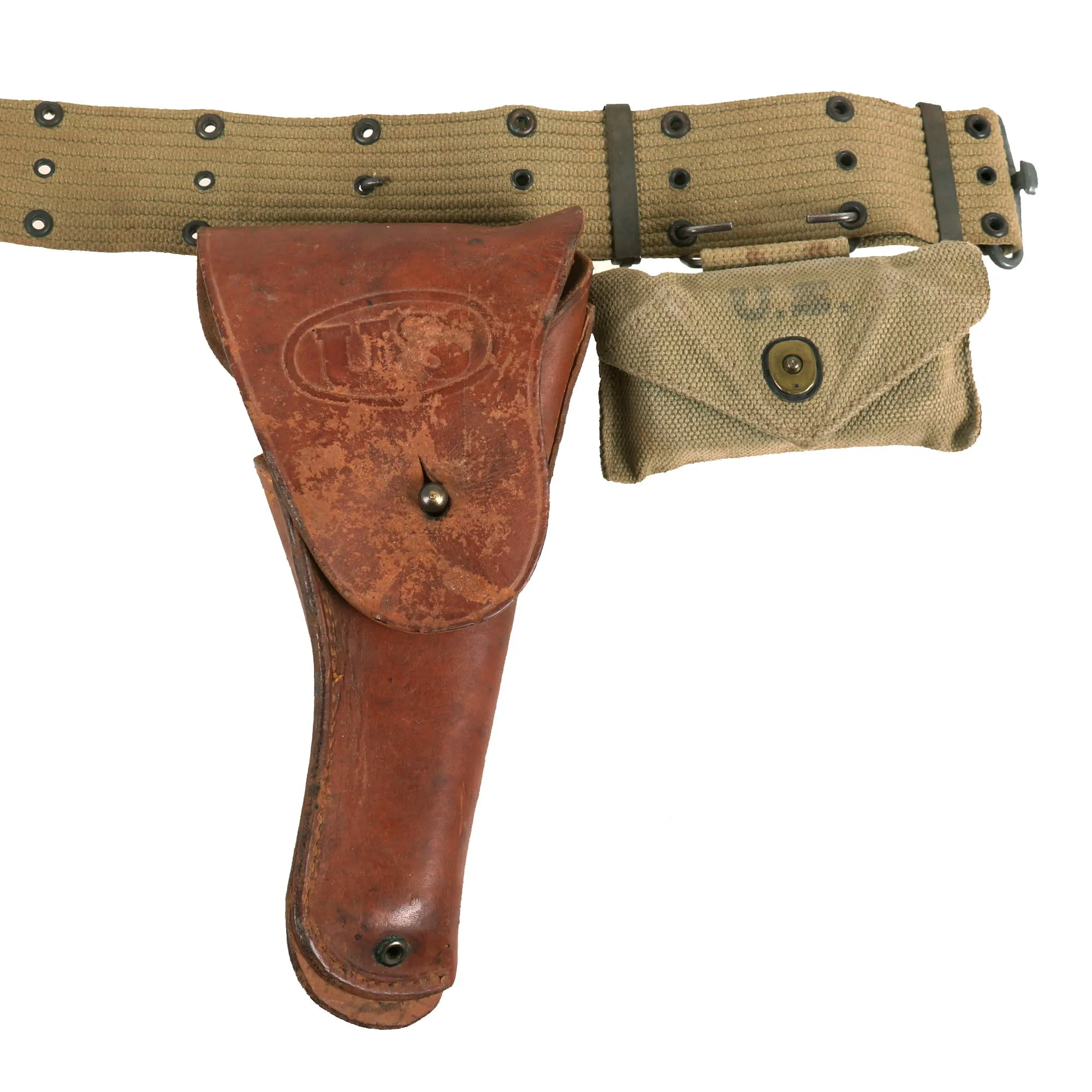 Original U.S. WWII Officer M1936 Pistol Belt, M1911 Holster by Boyt - 1942 Dated First Aid Pouch with Carlisle Bandage