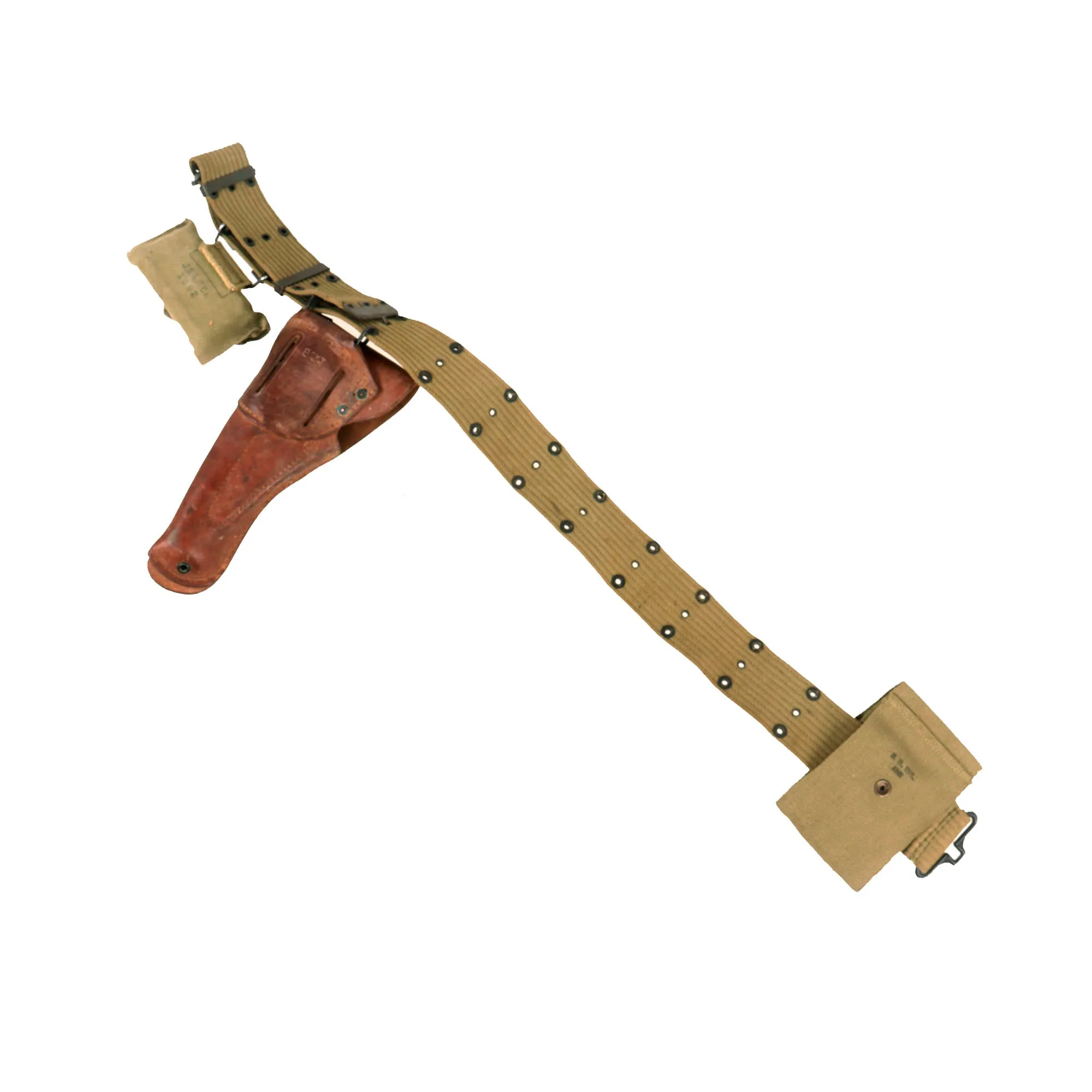Original U.S. WWII Officer M1936 Pistol Belt, M1911 Holster by Boyt - 1942 Dated First Aid Pouch with Carlisle Bandage
