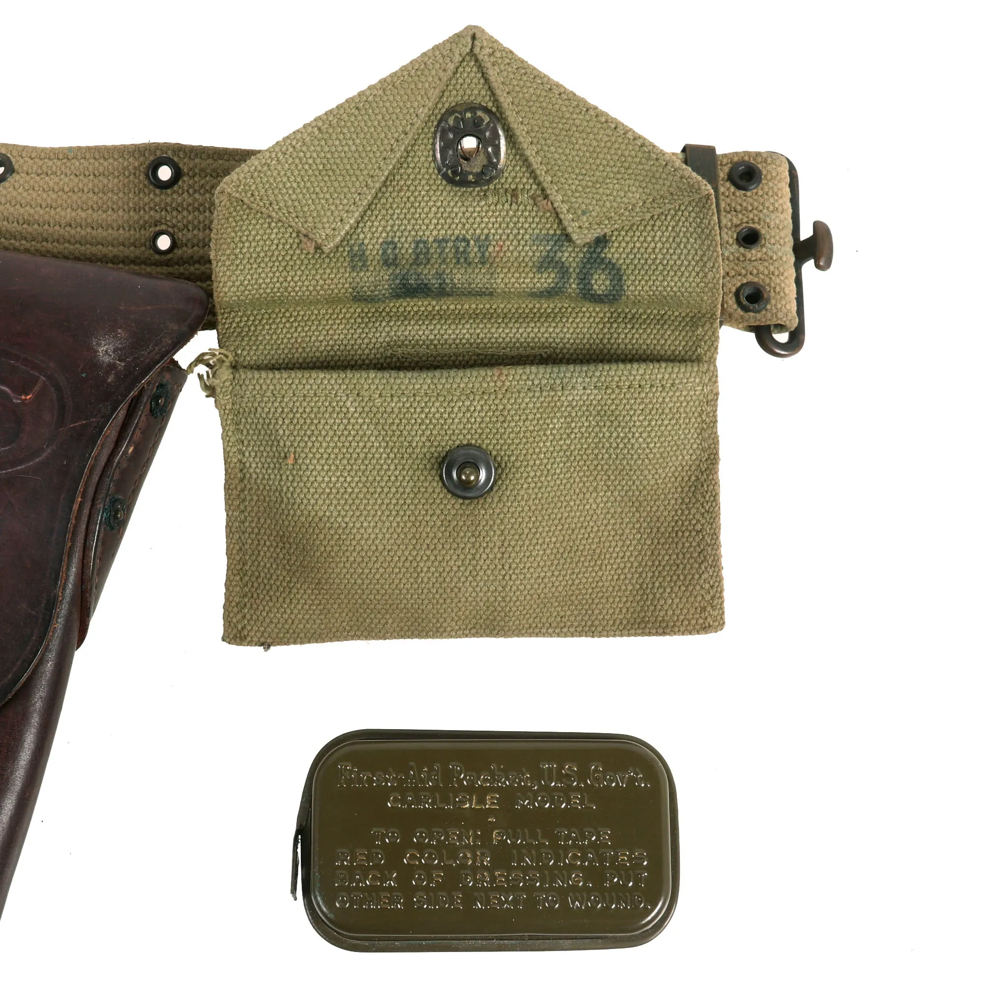 Original U.S. WWII Officer M1936 Pistol Belt, M1911 Holster by Enger-Kress, Magazine Pouch & First Aid Pouch WITH Box & Bandage