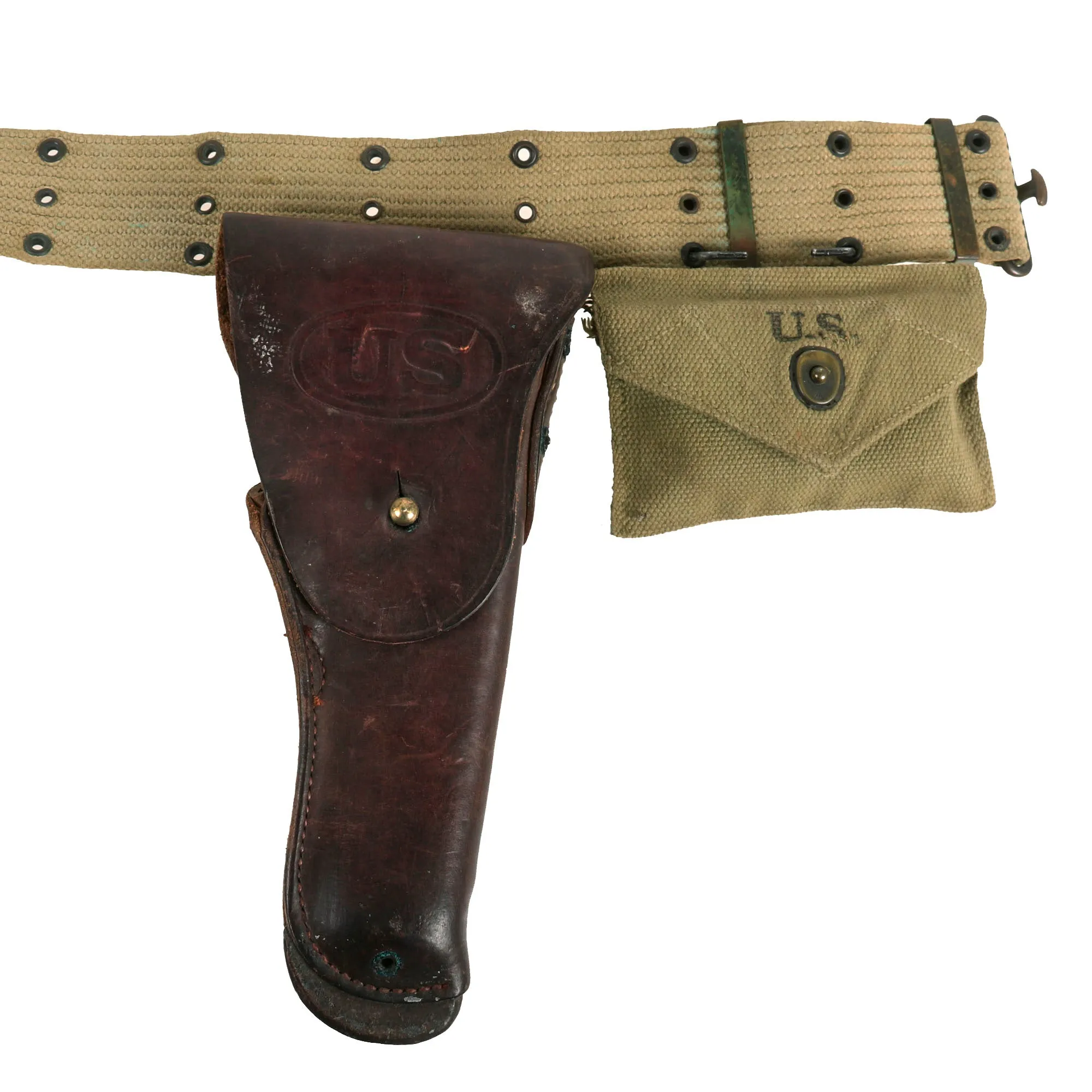 Original U.S. WWII Officer M1936 Pistol Belt, M1911 Holster by Enger-Kress, Magazine Pouch & First Aid Pouch WITH Box & Bandage