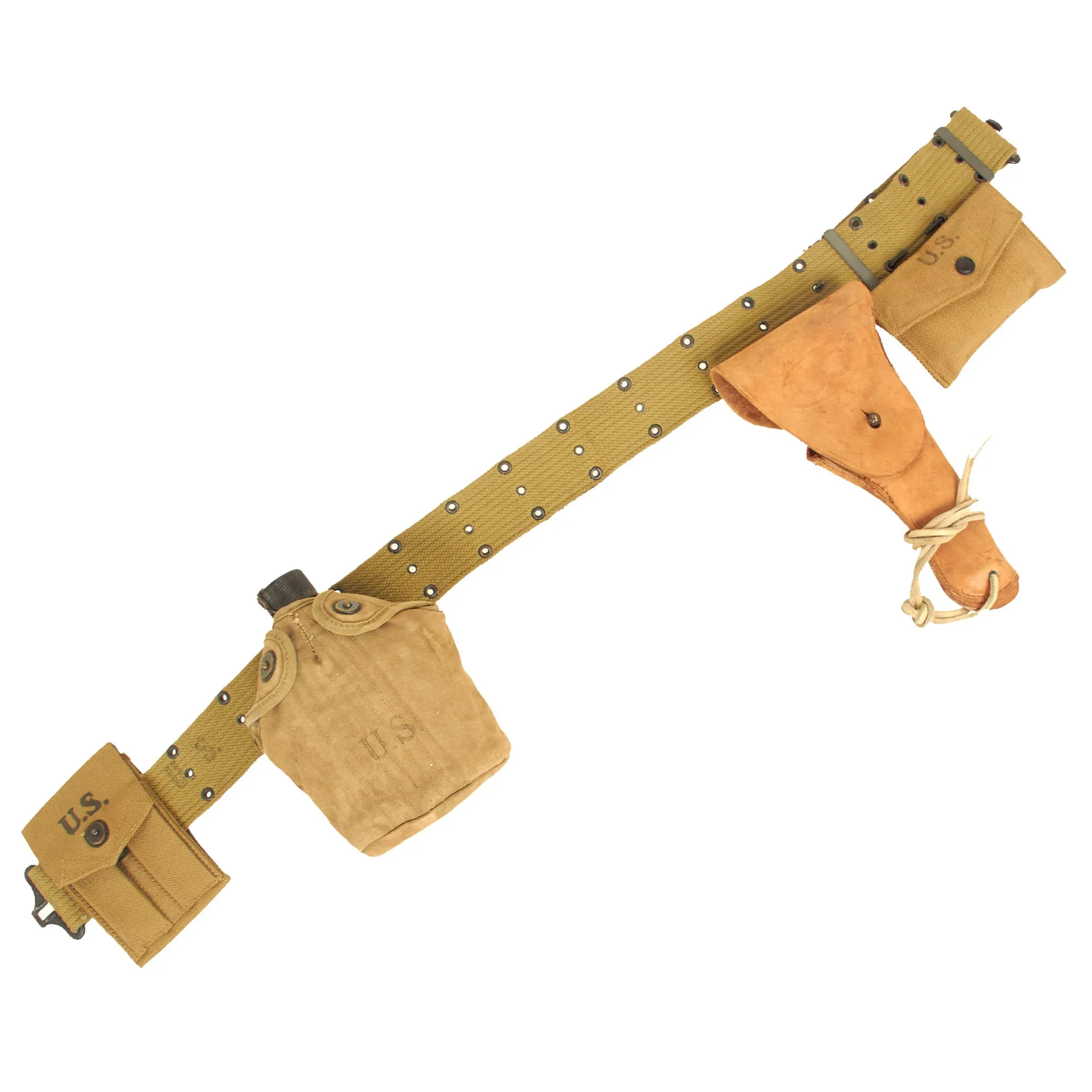 Original U.S. WWII Officer M1936 Pistol Belt, M1911 Holster by Rare Maker, Magazine Pouch, British Made First Aid Pouch WITH Box & Bandage and M1910 Canteen Set