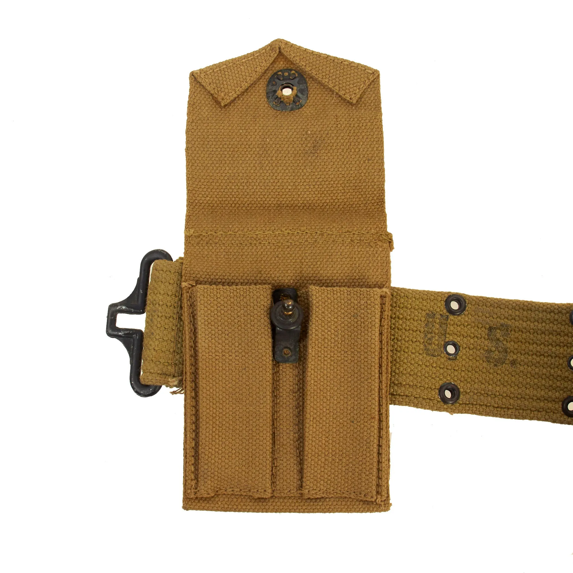 Original U.S. WWII Officer M1936 Pistol Belt, M1911 Holster by Rare Maker, Magazine Pouch, British Made First Aid Pouch WITH Box & Bandage and M1910 Canteen Set