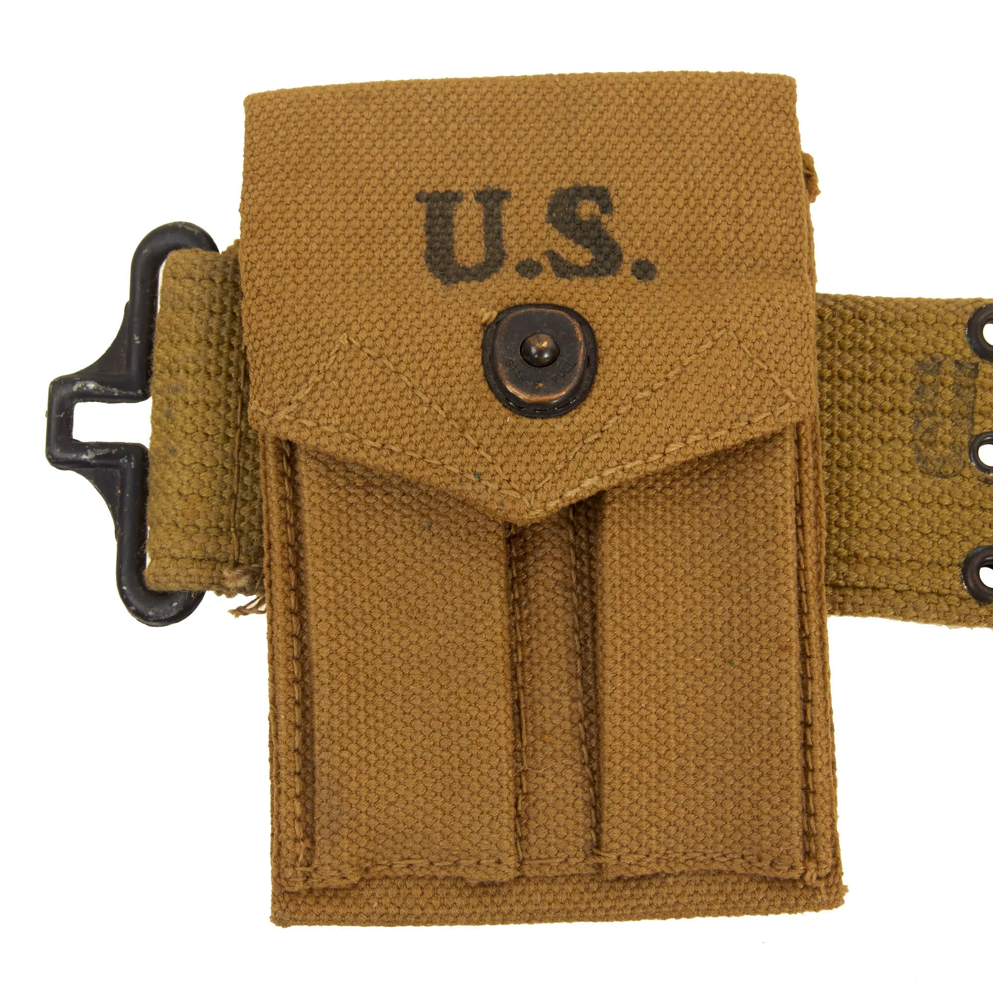 Original U.S. WWII Officer M1936 Pistol Belt, M1911 Holster by Rare Maker, Magazine Pouch, British Made First Aid Pouch WITH Box & Bandage and M1910 Canteen Set
