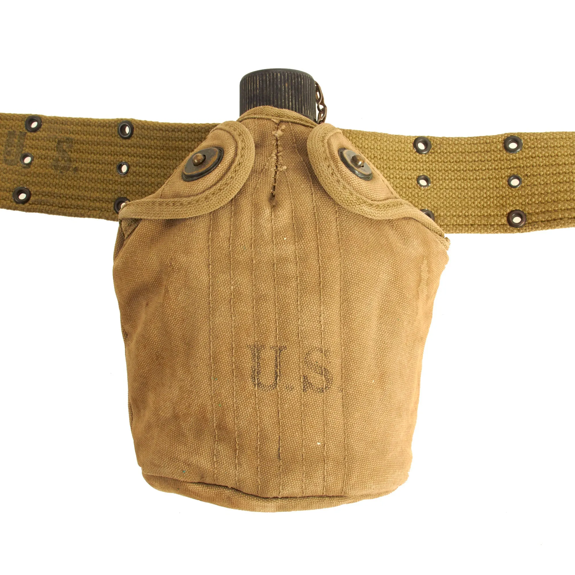 Original U.S. WWII Officer M1936 Pistol Belt, M1911 Holster by Rare Maker, Magazine Pouch, British Made First Aid Pouch WITH Box & Bandage and M1910 Canteen Set