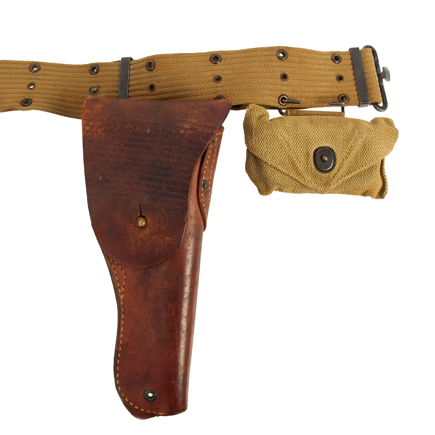Original U.S. WWII Officer M1936 Pistol Belt, M1911 Holster by Rare Maker, WWI Magazine Pouch & First Aid Pouch WITH Box & Bandage