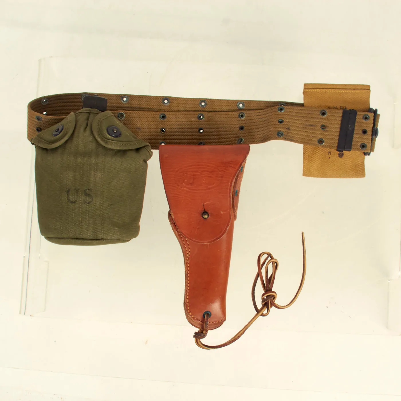 Original U.S. WWII Officer M1936 Pistol Belt, M1911 Holster, Magazine Pouch & Canteen Pouch With Canteen and Cup