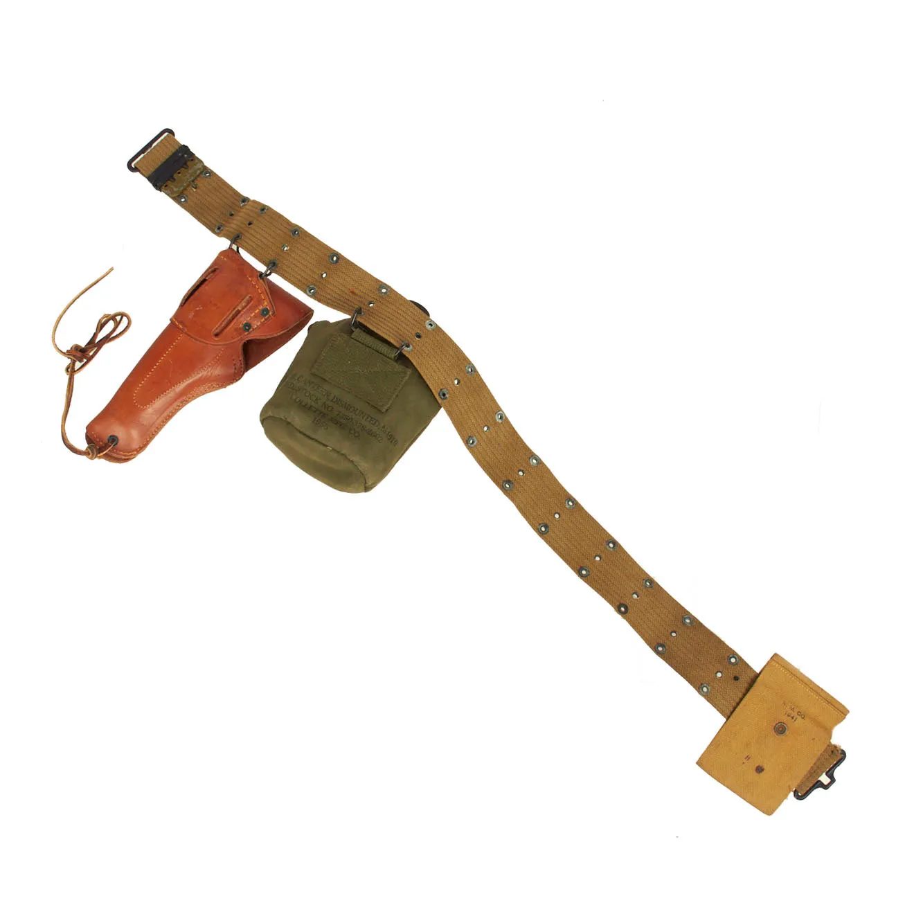 Original U.S. WWII Officer M1936 Pistol Belt, M1911 Holster, Magazine Pouch & Canteen Pouch With Canteen and Cup