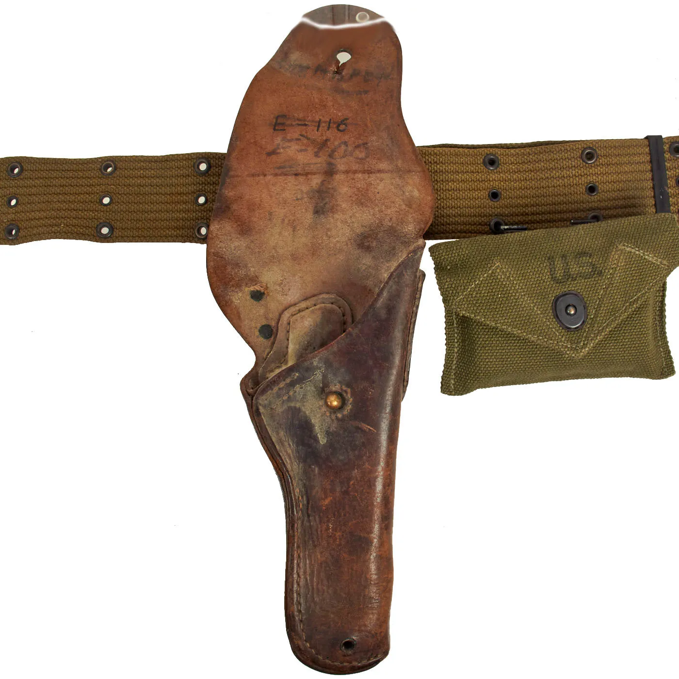 Original U.S. WWII Officer M1936 Pistol Belt, M1911 Holster, Magazine Pouch & Carlisle First Aid Pouch with Bandage- 1944 Dated Set