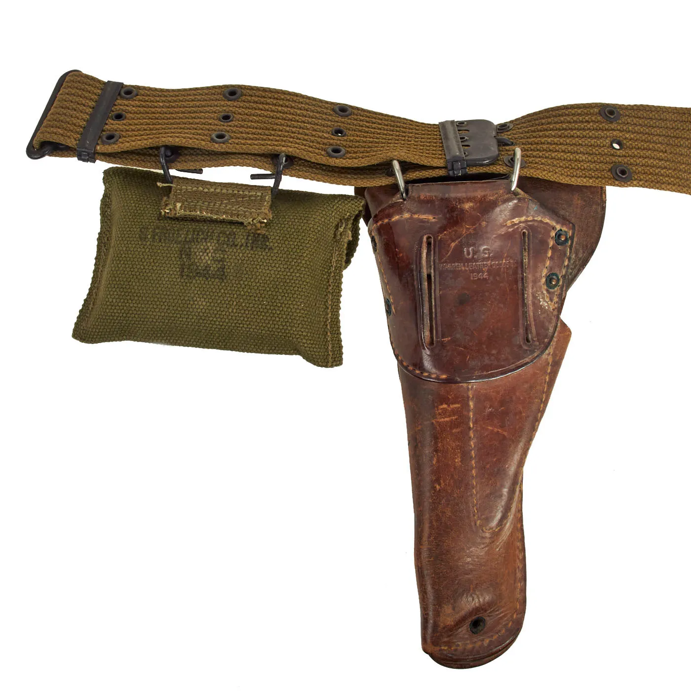Original U.S. WWII Officer M1936 Pistol Belt, M1911 Holster, Magazine Pouch & Carlisle First Aid Pouch with Bandage- 1944 Dated Set