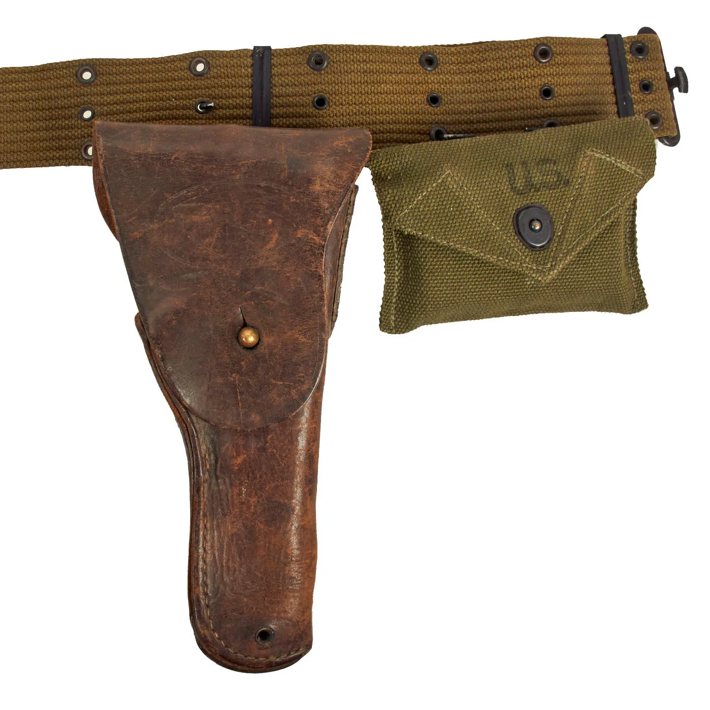 Original U.S. WWII Officer M1936 Pistol Belt, M1911 Holster, Magazine Pouch & Carlisle First Aid Pouch with Bandage- 1944 Dated Set