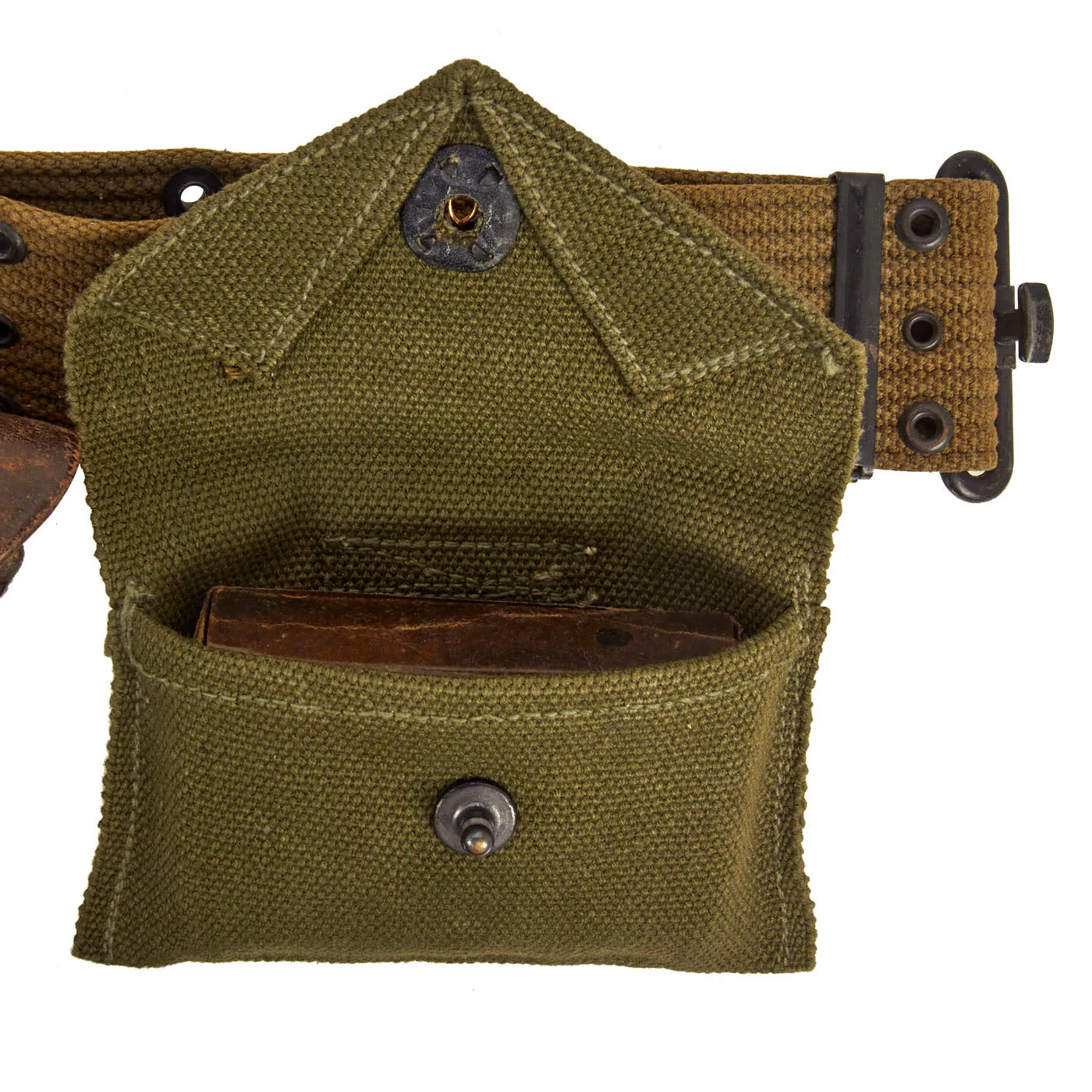 Original U.S. WWII Officer M1936 Pistol Belt, M1911 Holster, Magazine Pouch & Carlisle First Aid Pouch with Bandage- 1944 Dated Set