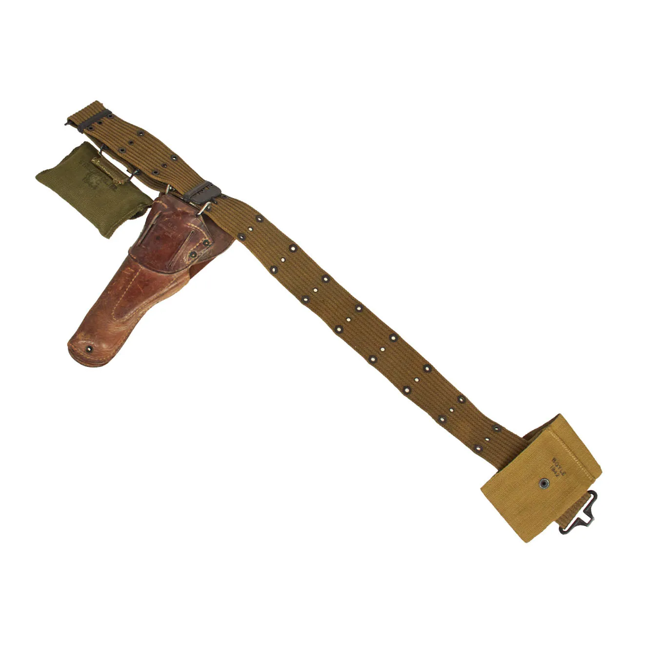 Original U.S. WWII Officer M1936 Pistol Belt, M1911 Holster, Magazine Pouch & Carlisle First Aid Pouch with Bandage- 1944 Dated Set