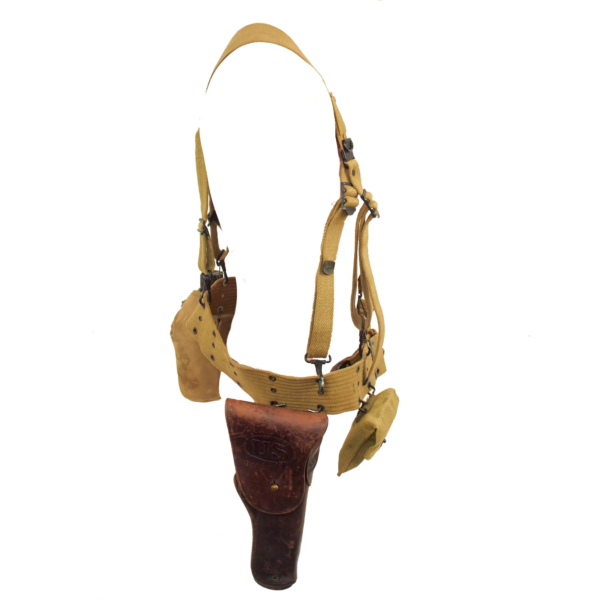 Original U.S. WWII Officer M1936 Pistol Belt, M1936 Suspenders, M1911 Holster, Magazine Pouch, M1910 Canteen Set & First Aid Pouch WITH Box & Bandage