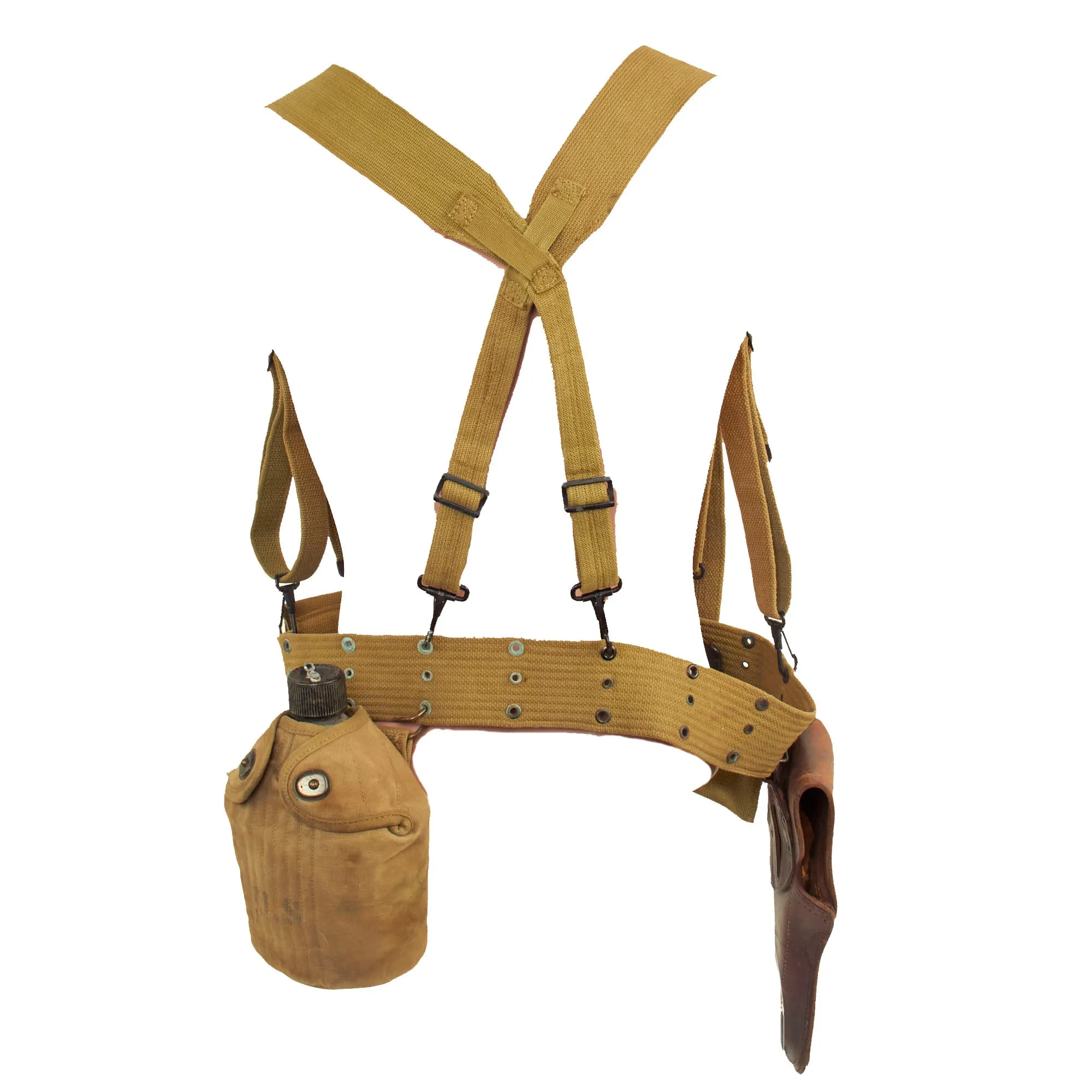 Original U.S. WWII Officer M1936 Pistol Belt, M1936 Suspenders, M1911 Holster, Magazine Pouch, M1910 Canteen Set & First Aid Pouch WITH Box & Bandage
